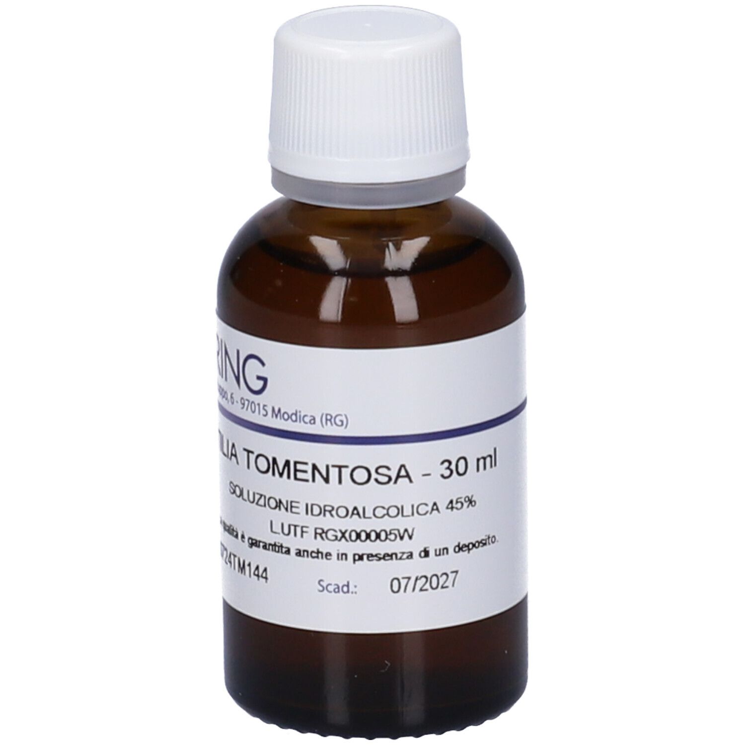 Flacone di vetro marrone con etichetta bianca e tappo a vite. Scritta: Tilia Tomentosa, 30 ml, soluzione.