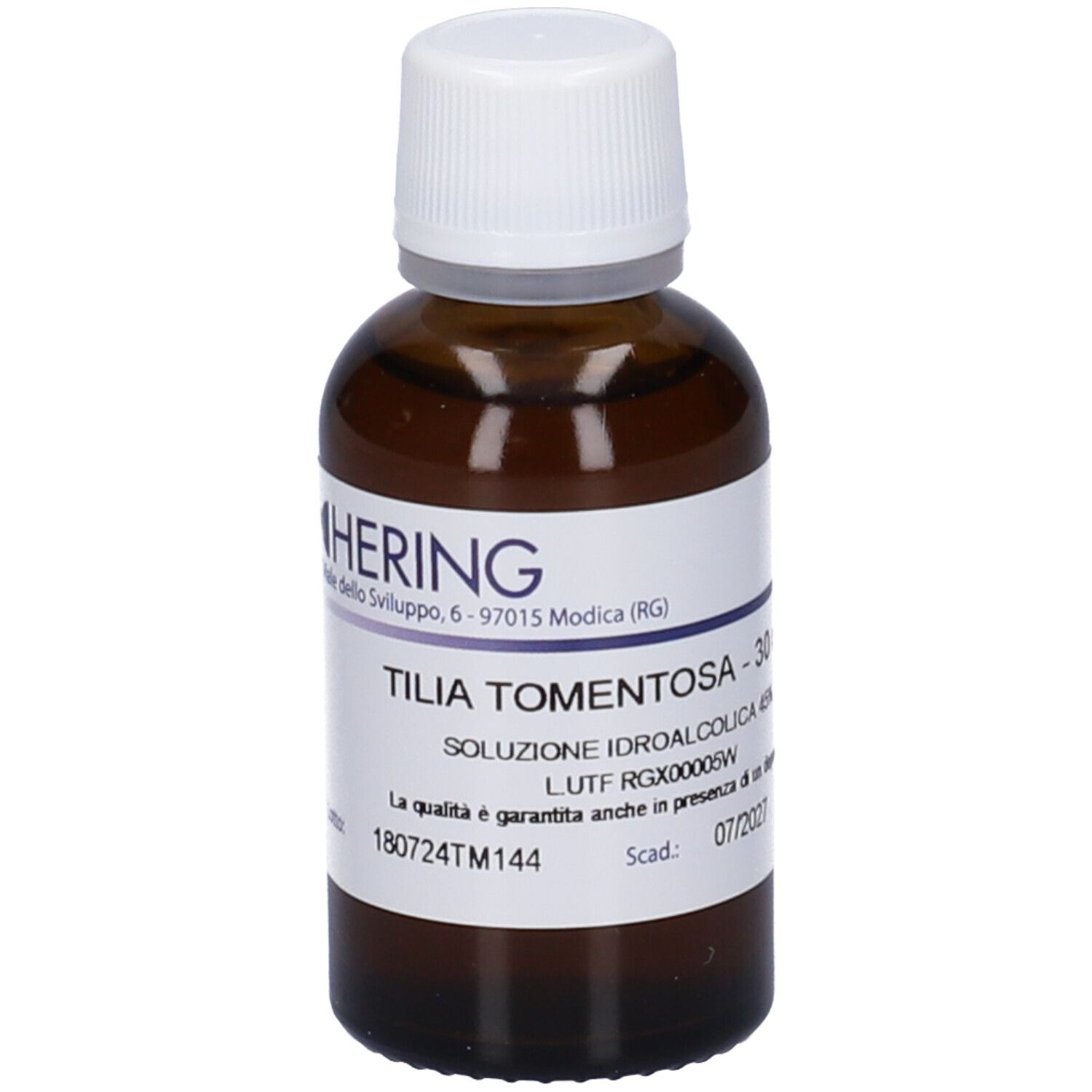 Flacone di vetro marrone con etichetta bianca e tappo a vite. Scritta: Tilia Tomentosa, 30 ml, soluzione.