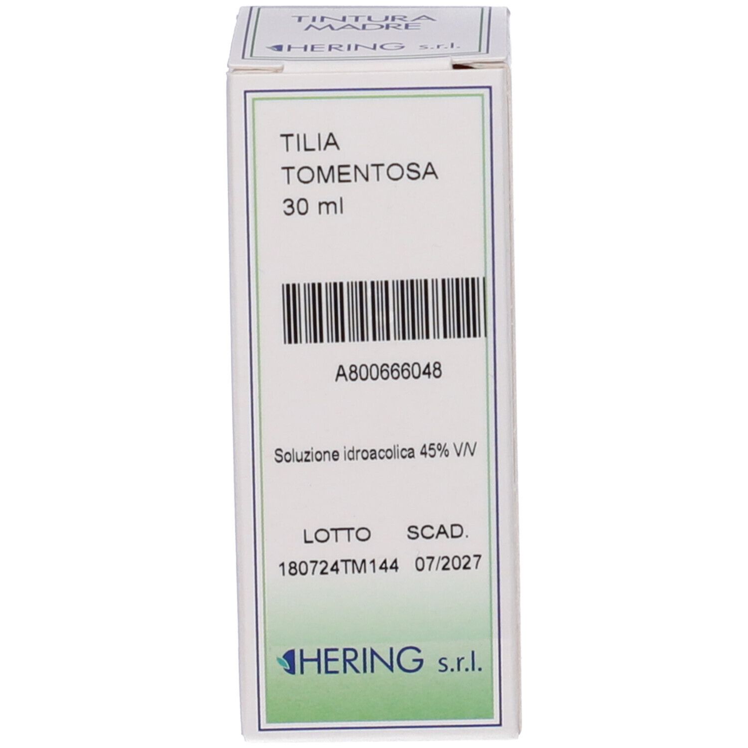 Scatola stampata. Scritta: Tilia Tomentosa, 30 ml. Codice a barre e altre informazioni.