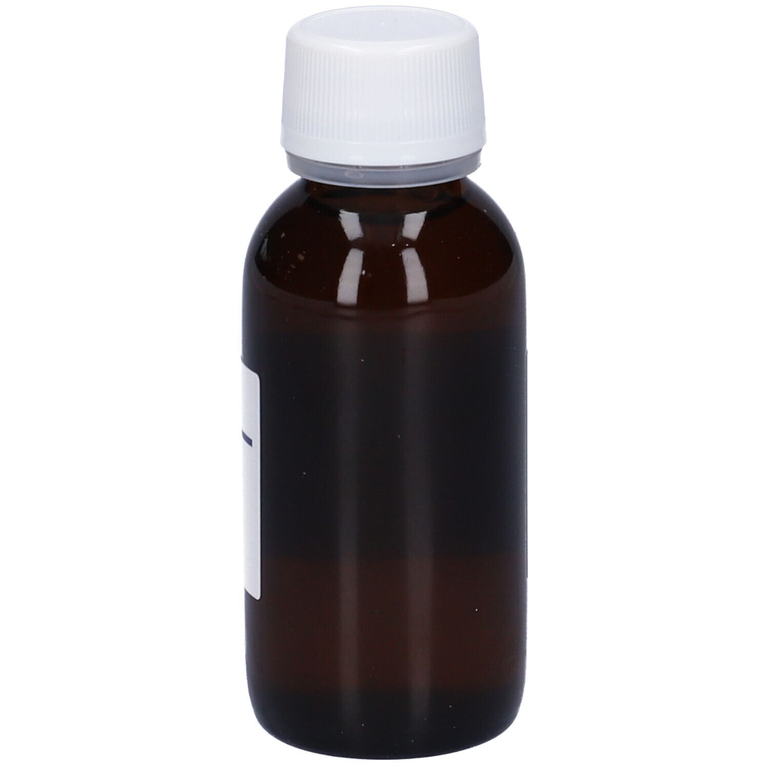 Flacone di vetro marrone con tappo bianco ed etichetta. L'etichetta è in gran parte vuota.
