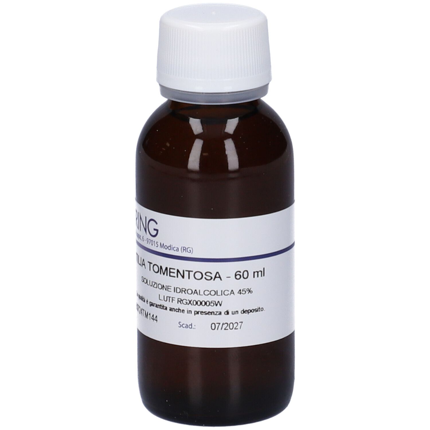 Flacone di vetro marrone con tappo bianco ed etichetta. L'etichetta riporta "Tilia Tomentosa - 60 ml" e "Hering".