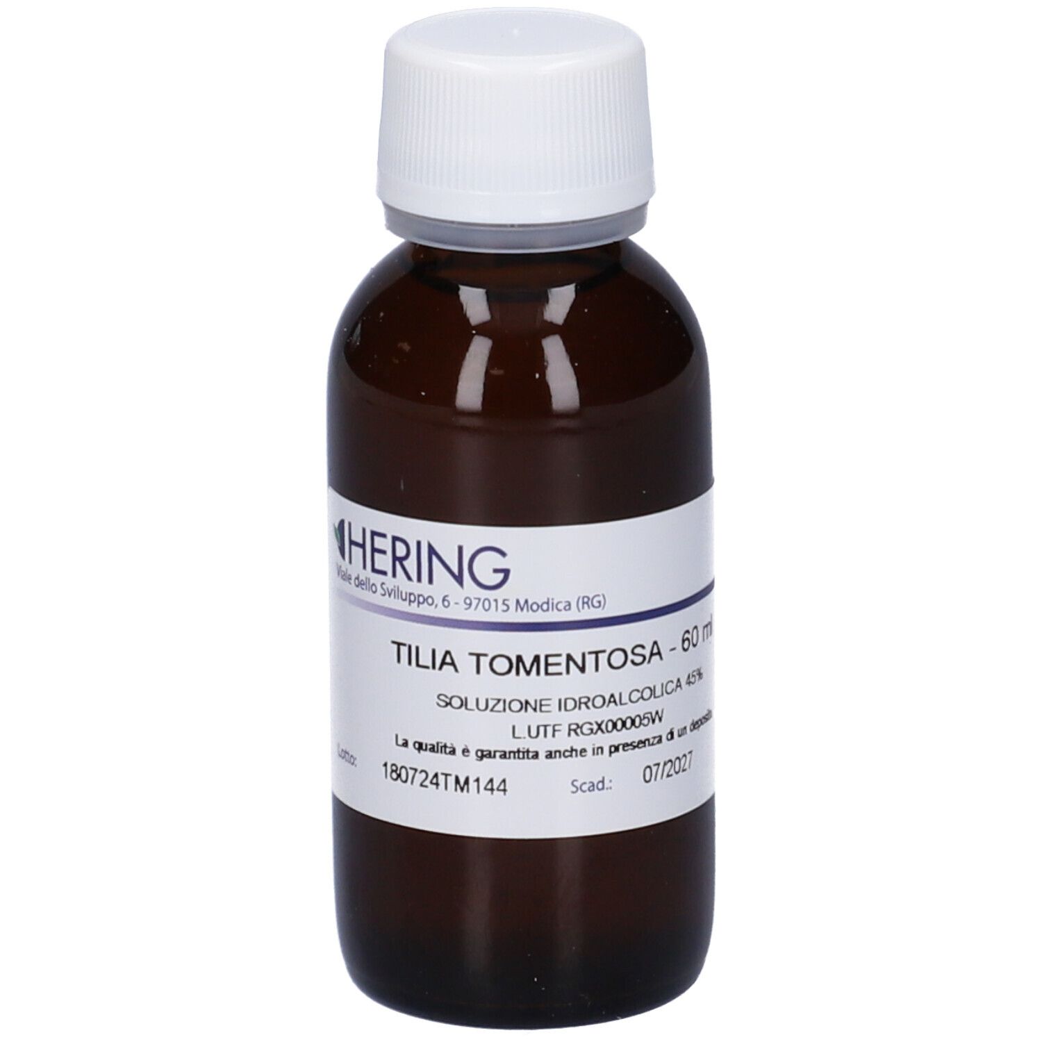 Flacone di vetro marrone con tappo bianco ed etichetta. L'etichetta riporta "Tilia Tomentosa - 60 ml" e "Hering".