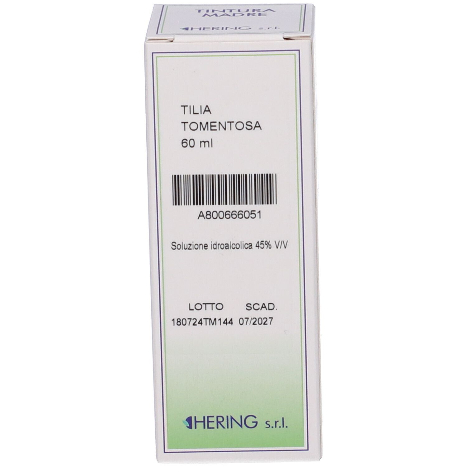 Scatola bianca con testo e codice a barre. La scatola riporta "Tilia Tomentosa".