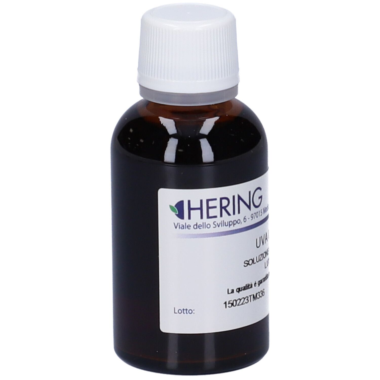 Flacone di vetro marrone con tappo bianco. Etichetta con testo: Uva Ursi, Soluzione Idroalcolica. Marca: HERING. Flacone su sfondo chiaro.