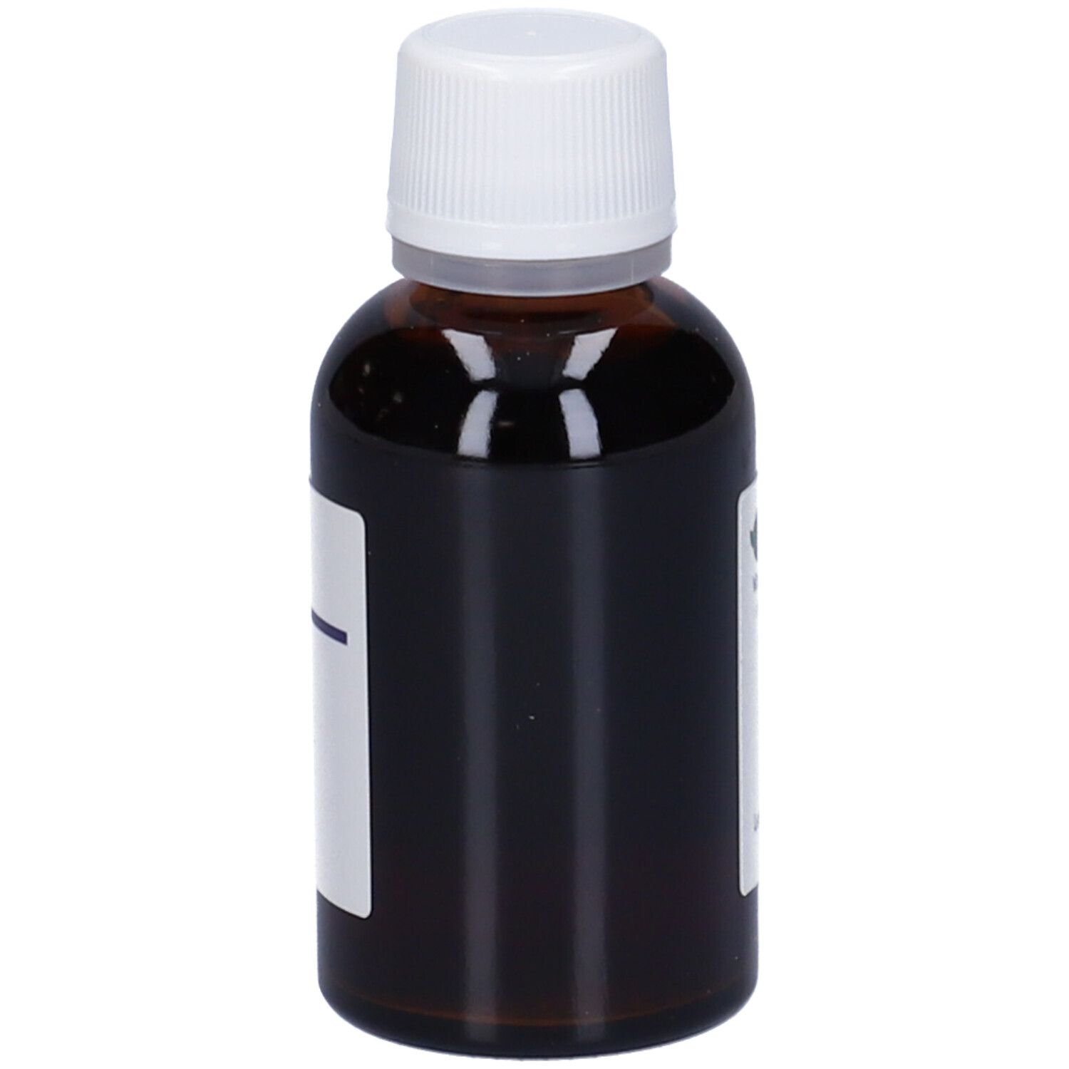 Flacone di vetro marrone con tappo bianco. Etichetta con testo. Flacone su sfondo chiaro.