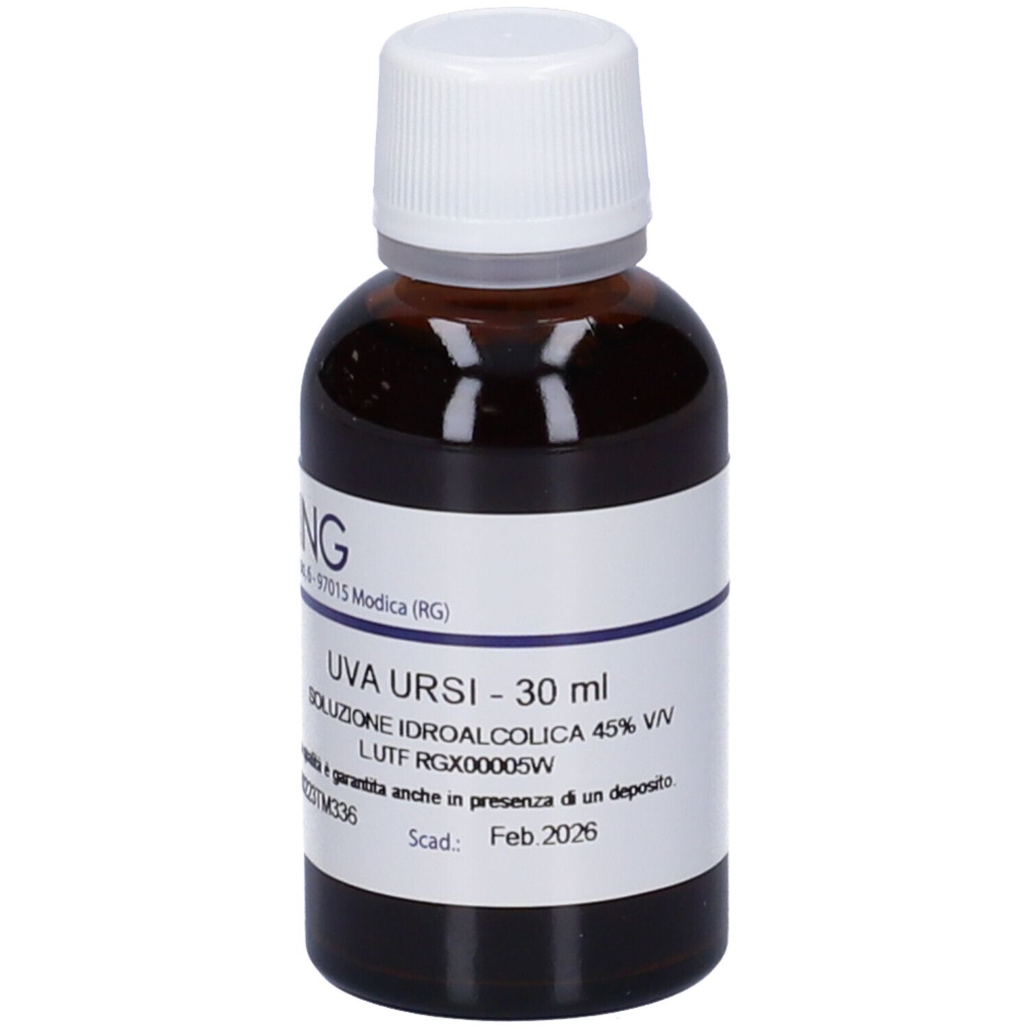 Flacone di vetro marrone con tappo bianco. Etichetta con testo: Uva Ursi, 30 ml, Soluzione Idroalcolica 45% Vol. Marca: HERING. Flacone su sfondo chiaro.