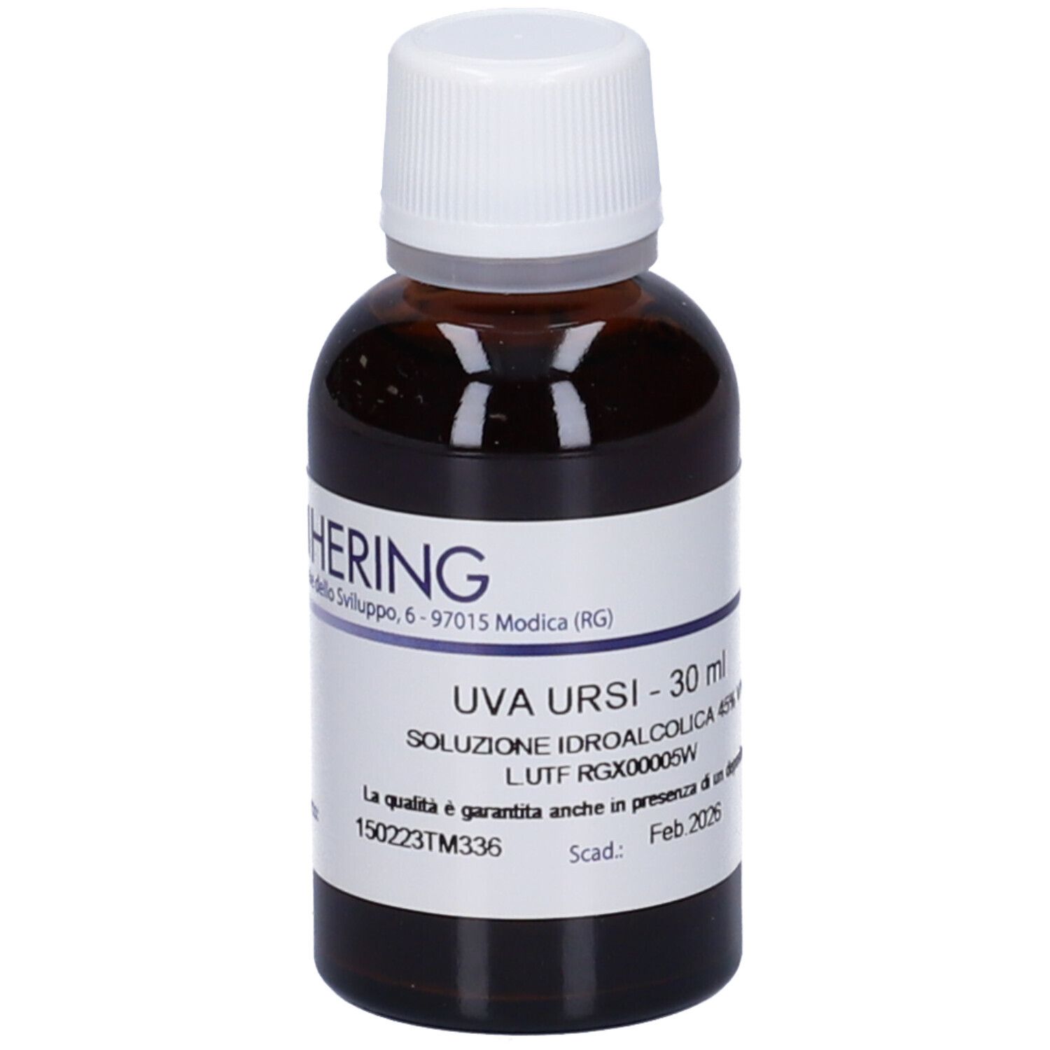 Flacone di vetro marrone con tappo bianco. Etichetta con testo: Uva Ursi, 30 ml, Soluzione Idroalcolica 45% Vol. Marca: HERING. Flacone su sfondo chiaro.