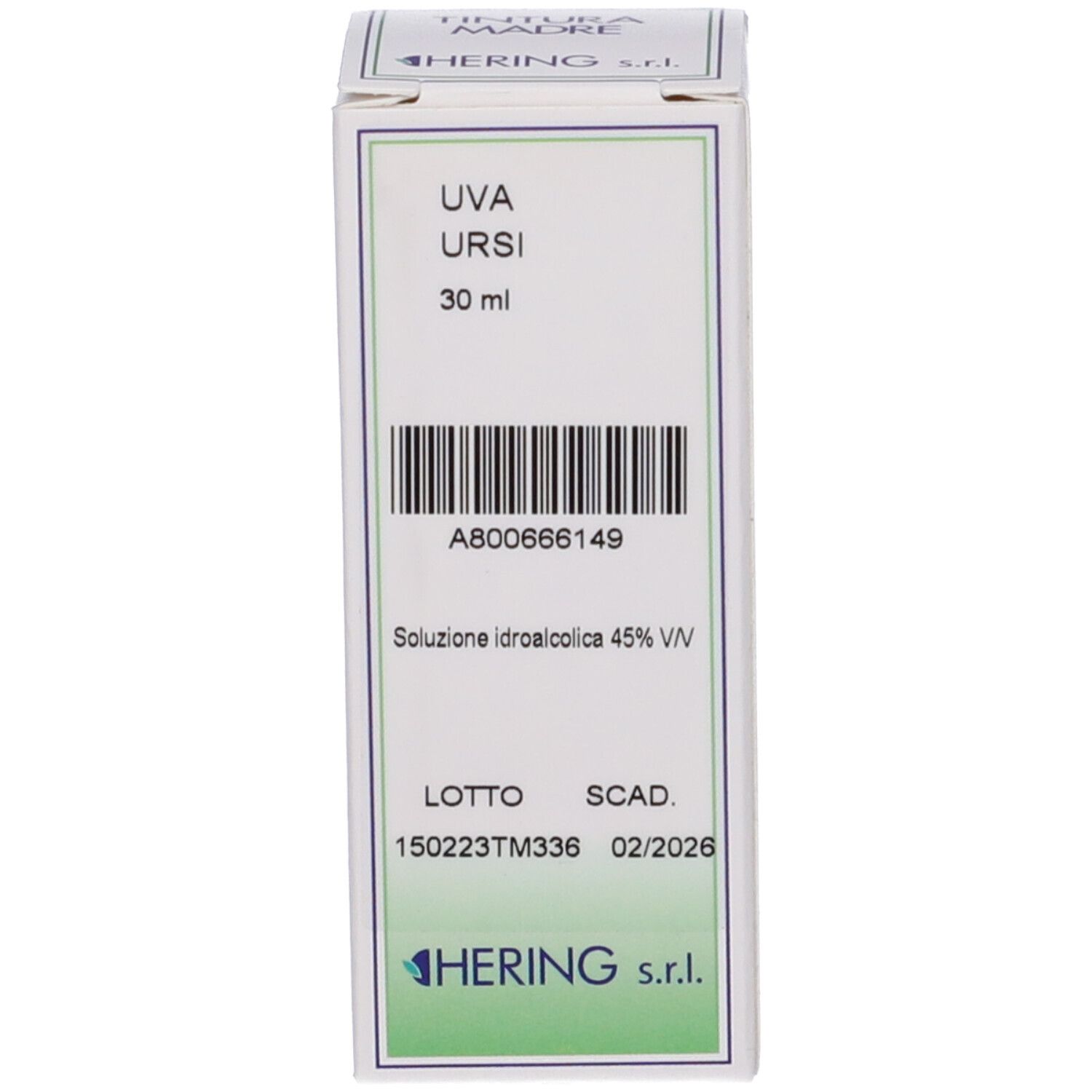 Confezione con testo: Uva Ursi, 30 ml, Soluzione Idroalcolica 45% Vol. Marca: HERING.