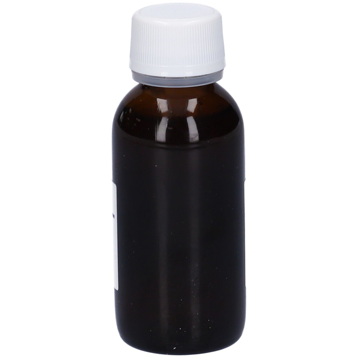 Flacone in vetro marrone con tappo bianco. Nessuna etichetta visibile.