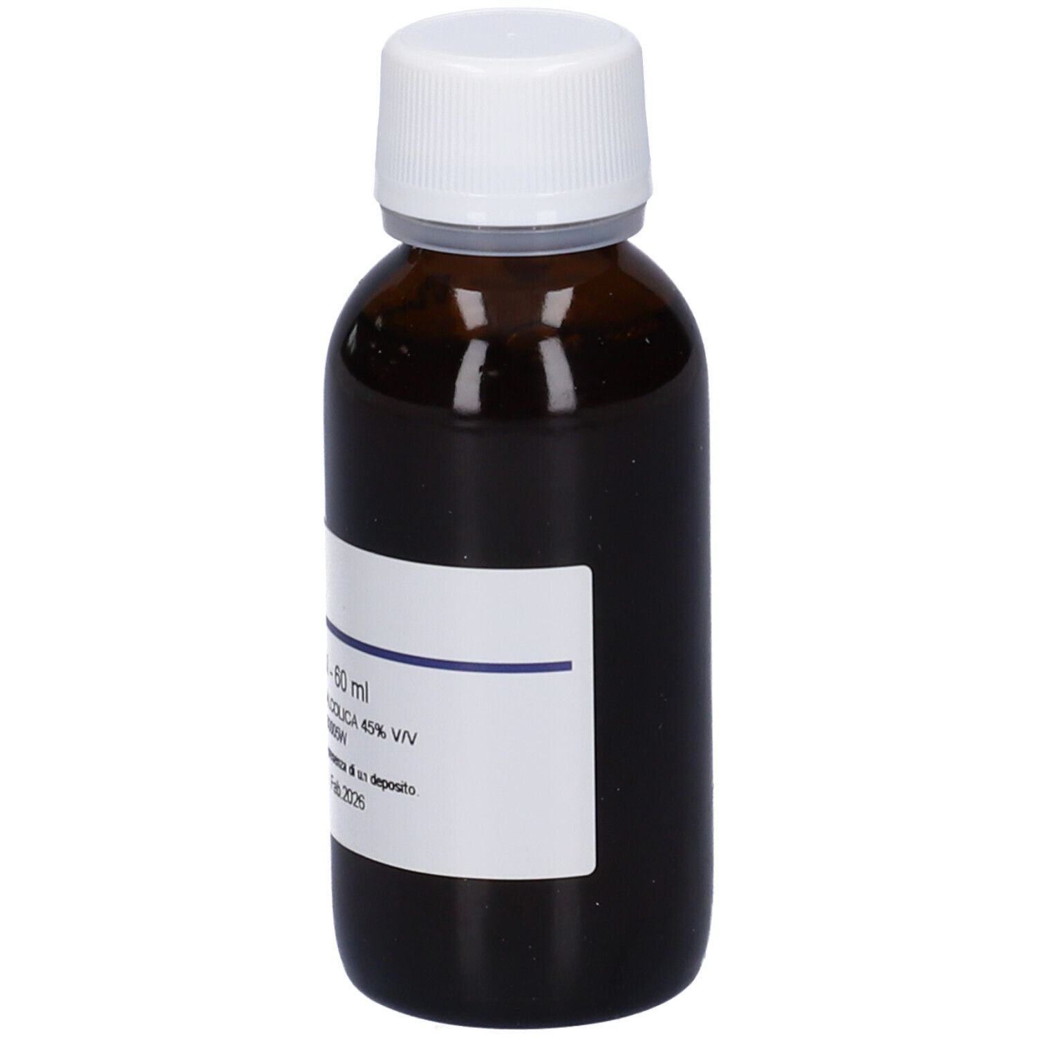 Flacone in vetro marrone con tappo bianco. Etichetta con informazioni sul prodotto.