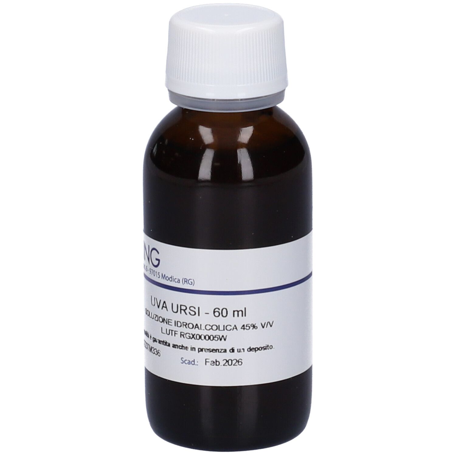 Flacone in vetro marrone con tappo bianco. Etichetta con informazioni sul prodotto.