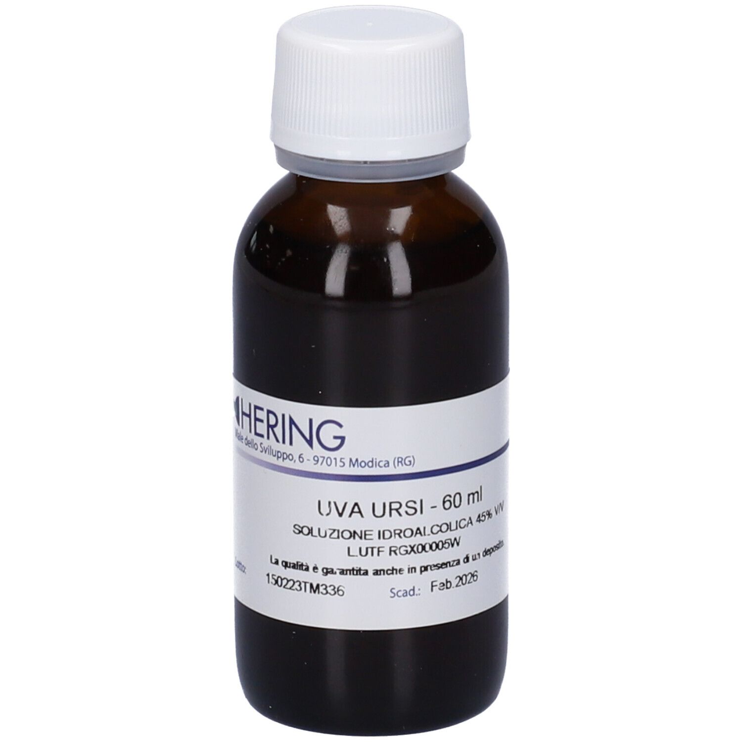 Flacone in vetro marrone con tappo bianco. Etichetta con informazioni sul prodotto.