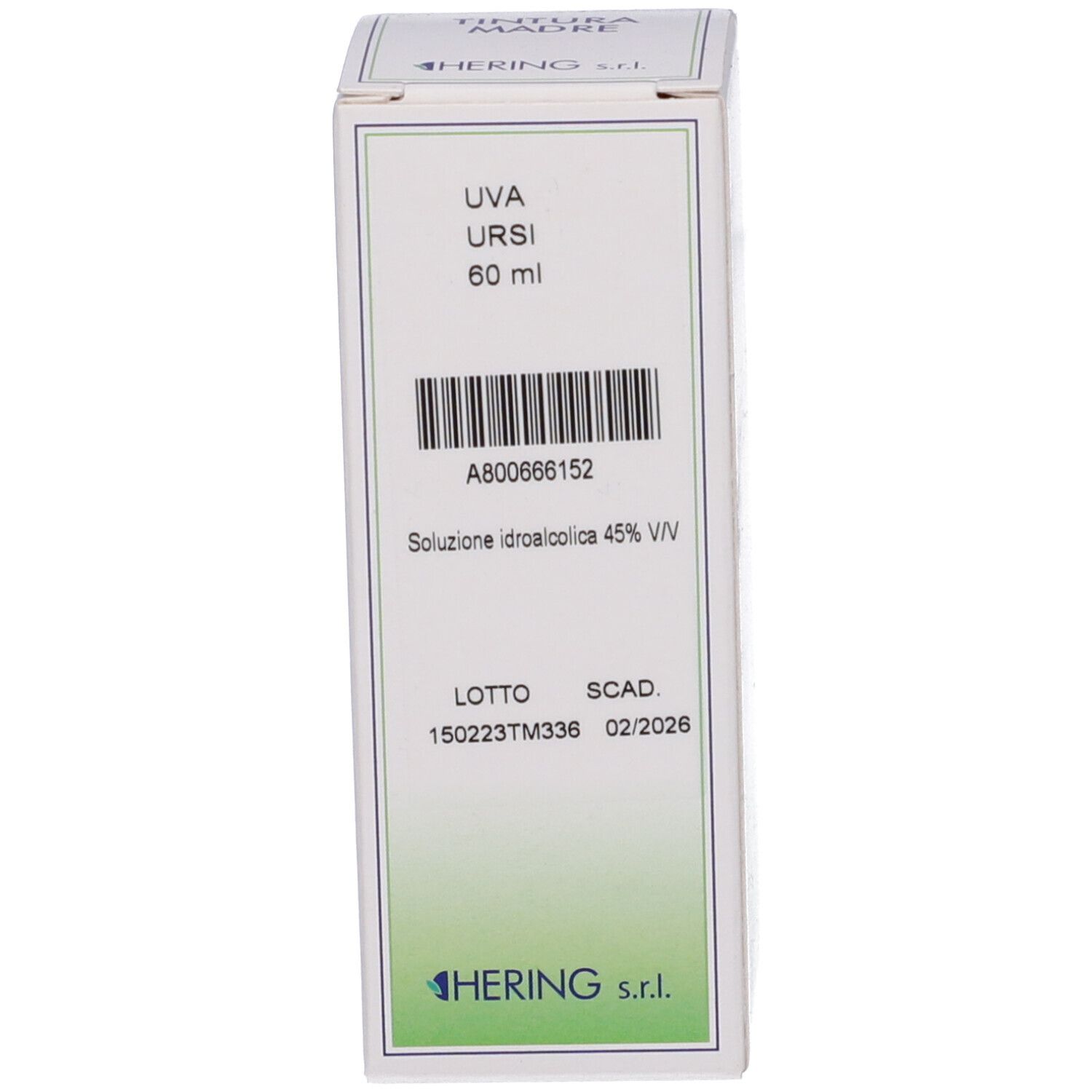 Scatola con informazioni sul prodotto. Logo e testo HERING. Codice a barre e scadenza.