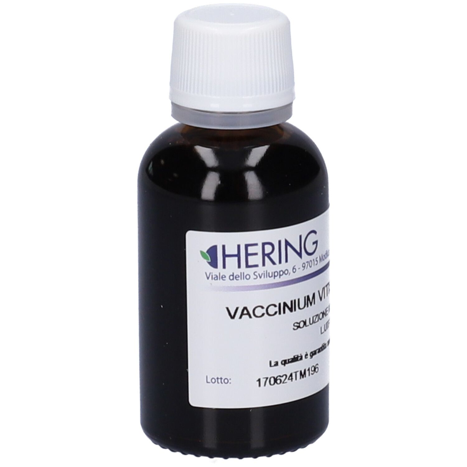 Flacone di vetro marrone con tappo bianco. Etichetta con nome del prodotto e informazioni. Logo HERING visibile.