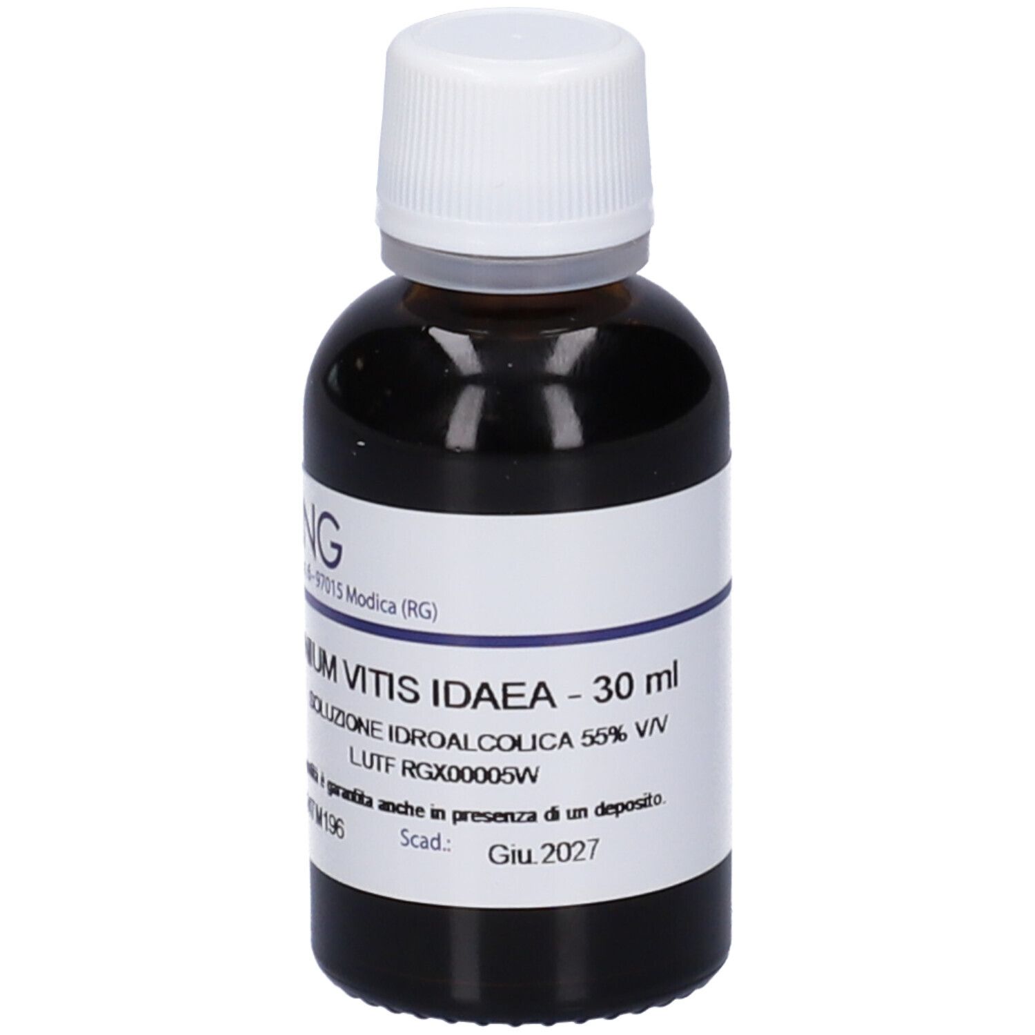 Flacone di vetro marrone con tappo bianco. Etichetta con nome del prodotto e informazioni. Logo HERING visibile.