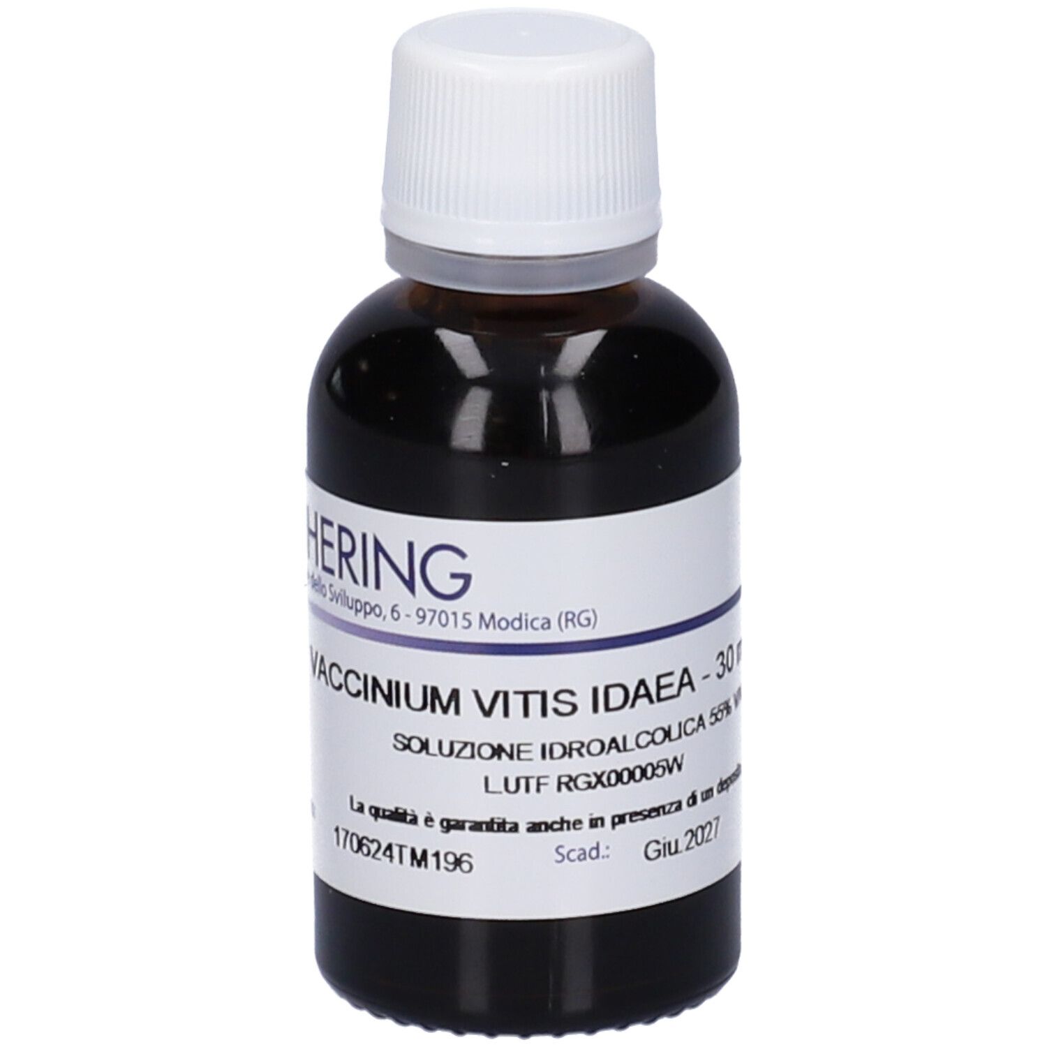 Flacone di vetro marrone con tappo bianco. Etichetta con nome del prodotto e informazioni. Logo HERING visibile.