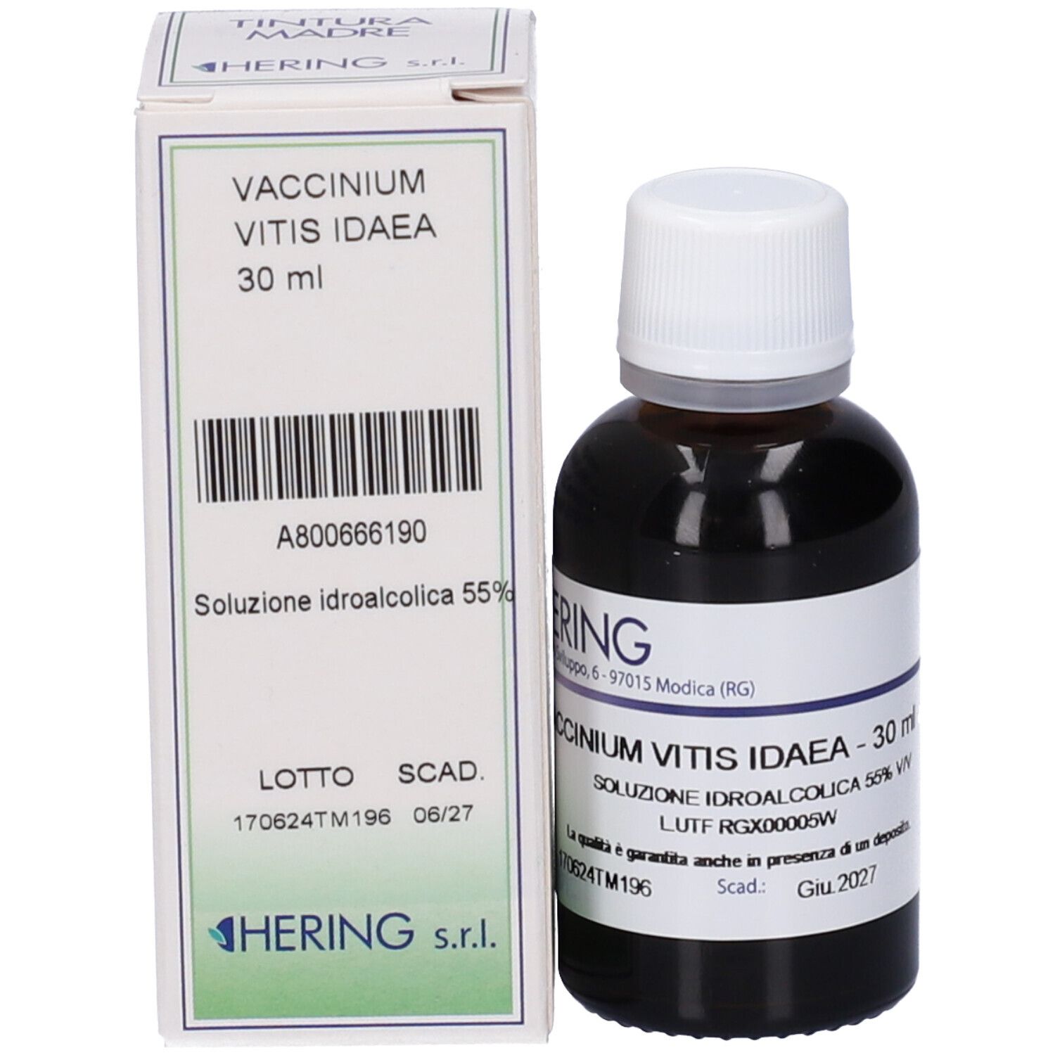 Flacone e confezione del prodotto. Flacone marrone con tappo bianco, accanto a una scatola. Logo HERING e nome del prodotto visibili.