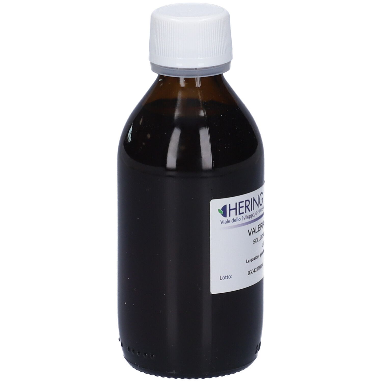 Flacone di vetro marrone con tappo bianco. Etichetta con testo, tra cui nome del marchio e descrizione del prodotto. Liquido all'interno.