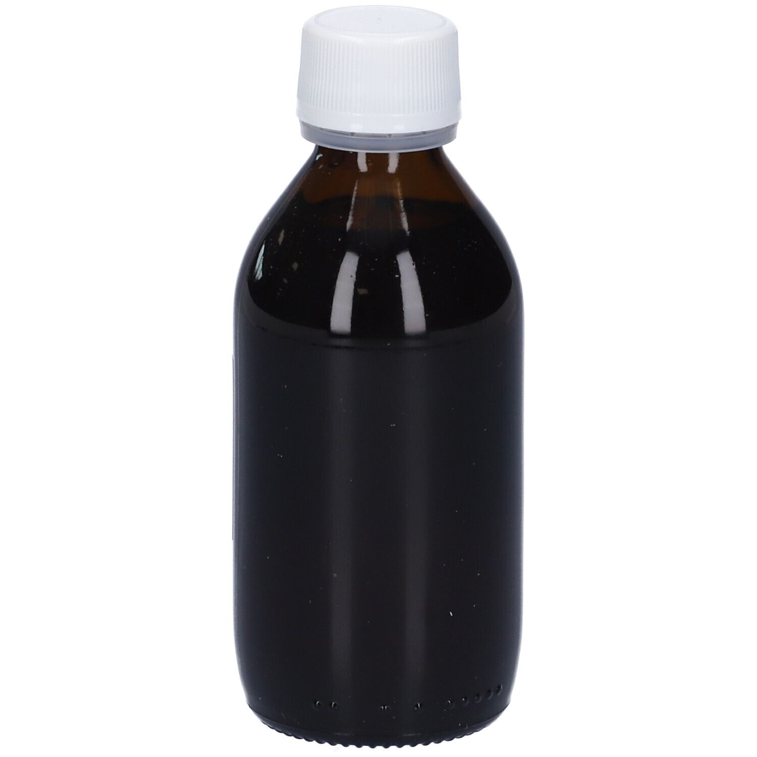 Flacone di vetro marrone con tappo bianco. Liquido all'interno. Nessun altro dettaglio visibile.