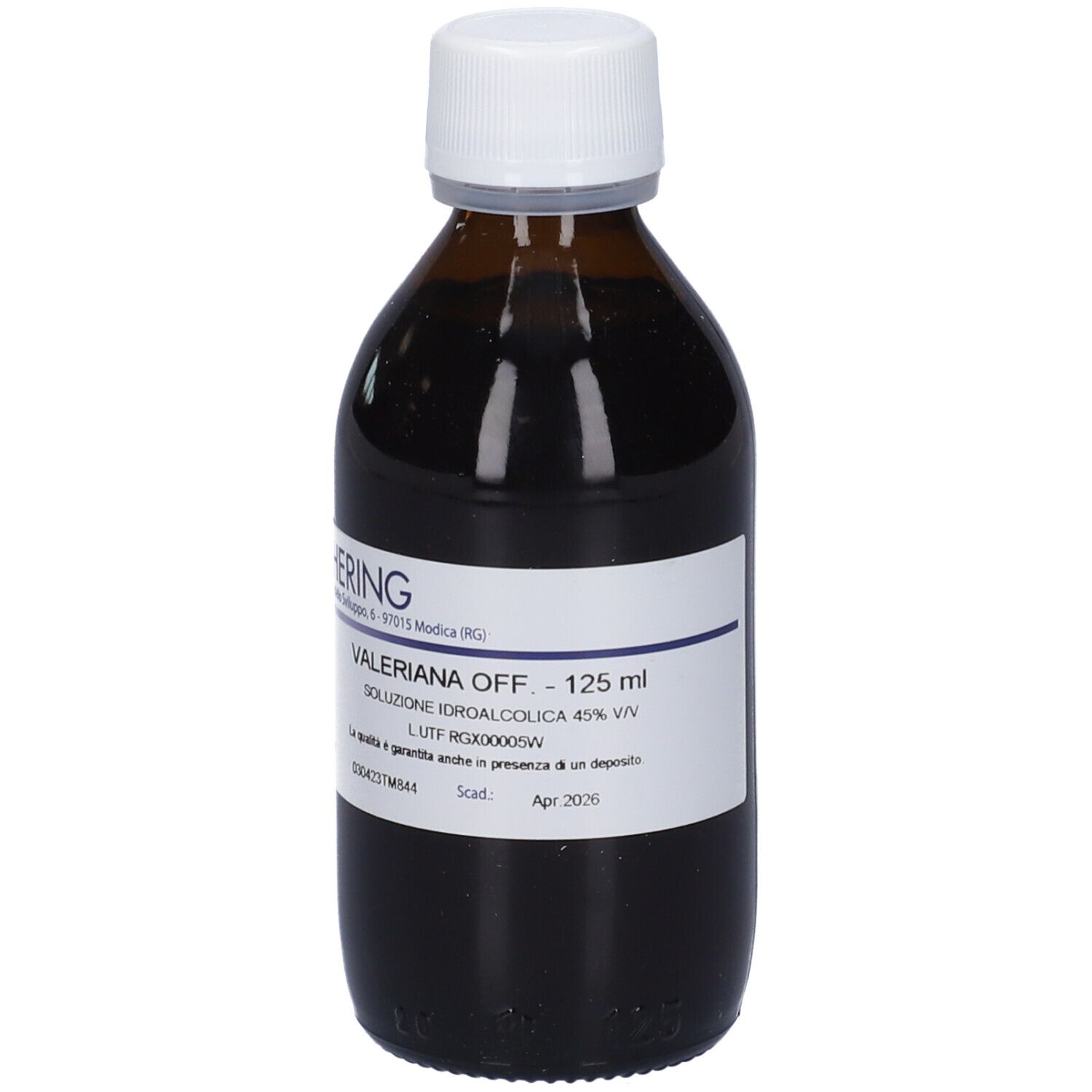 Flacone di vetro marrone con tappo bianco ed etichetta. Etichetta con testo, tra cui nome del marchio e descrizione del prodotto. Liquido all'interno.