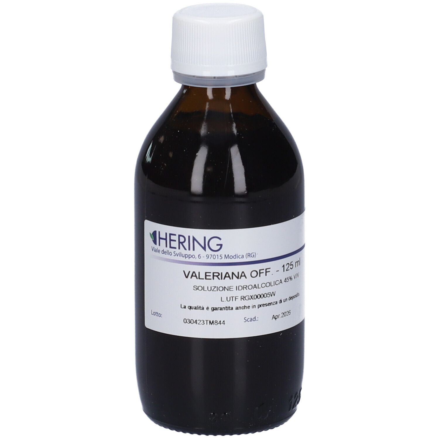 Flacone di vetro marrone con tappo bianco ed etichetta. Etichetta con testo, tra cui nome del marchio e descrizione del prodotto. Liquido all'interno.