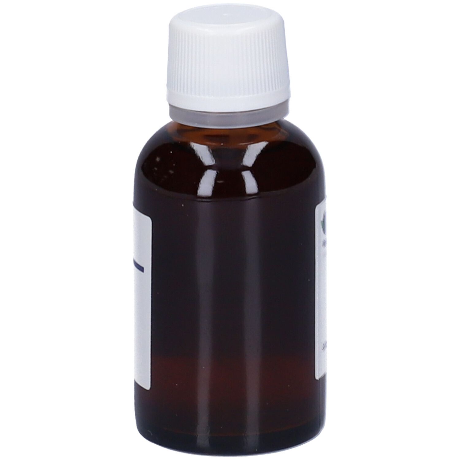 Flacone di vetro marrone con tappo bianco. Etichetta illeggibile. Marchio: HERING.