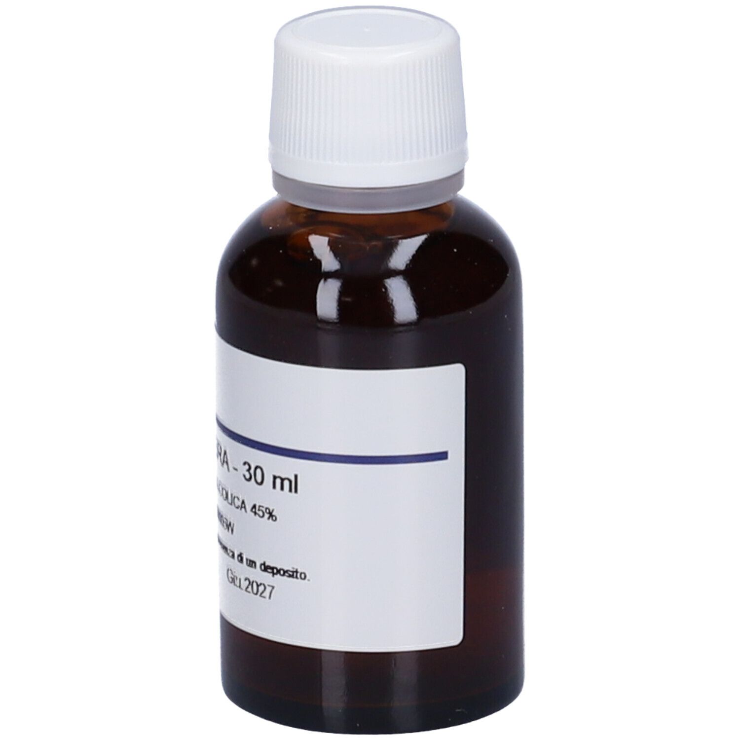 Flacone di vetro marrone con tappo bianco. Etichetta con testo: Vitis Vinifera - 30 ml, Soluzione Idroalcolica 45%.