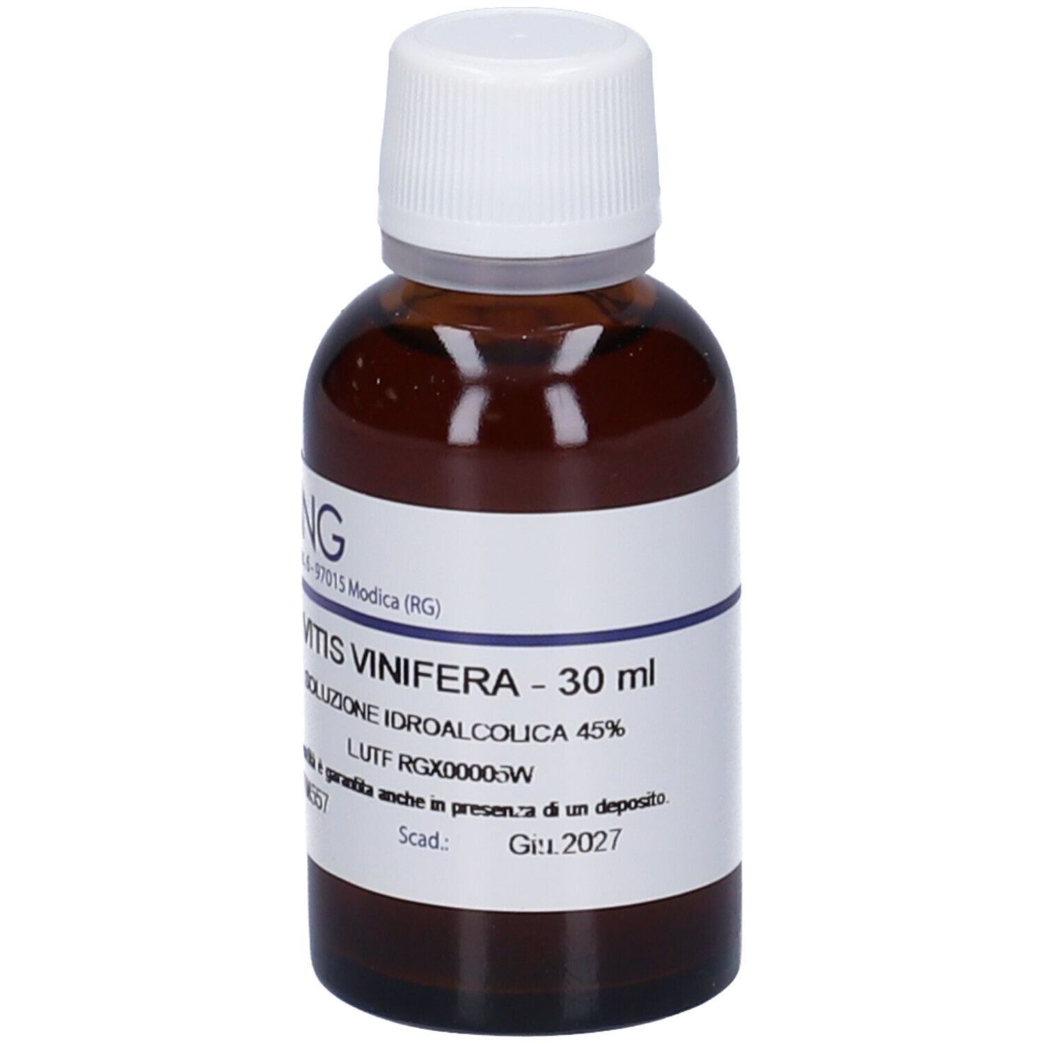 Flacone di vetro marrone con tappo bianco. Etichetta con testo: Vitis Vinifera - 30 ml, Soluzione Idroalcolica 45%.