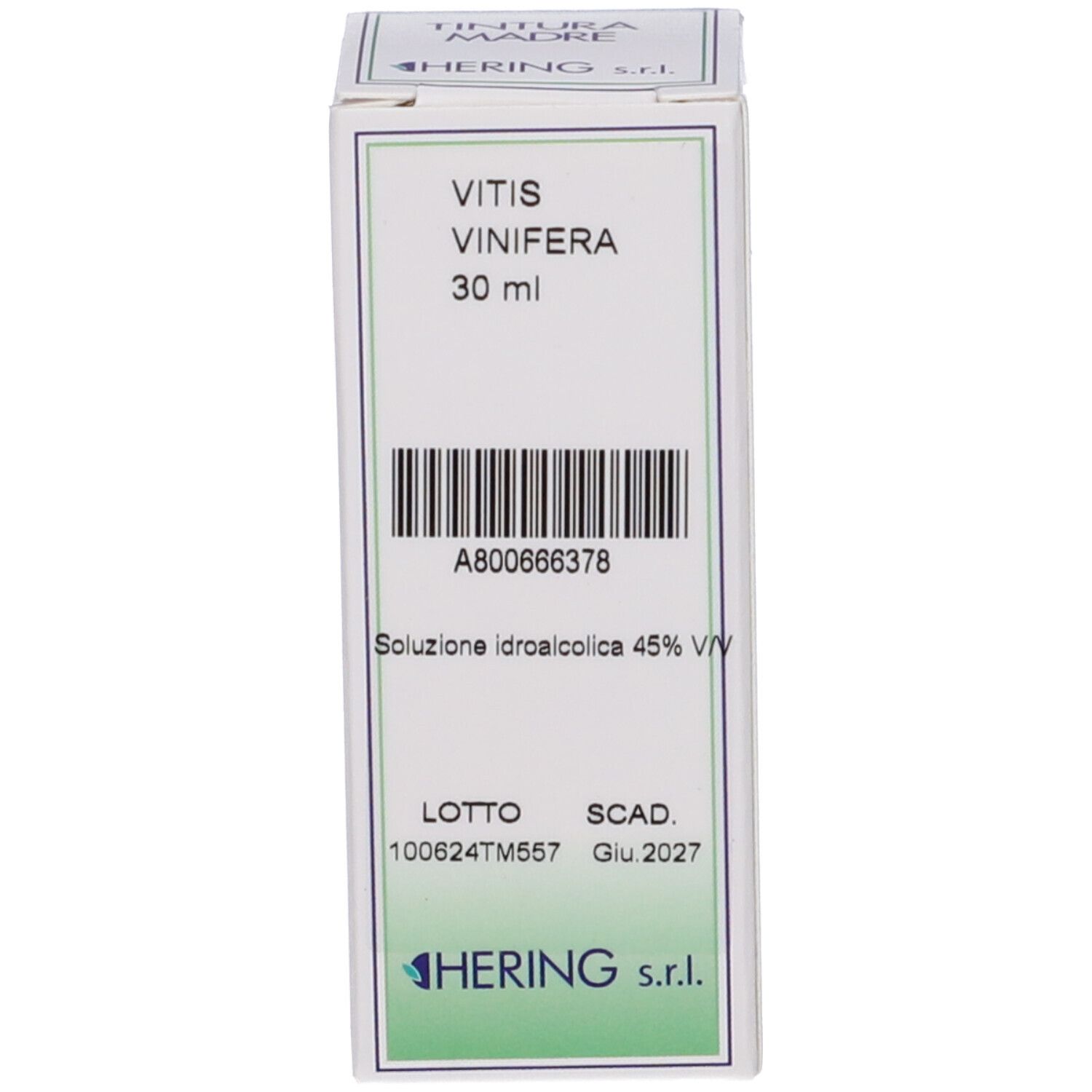 Scatola con testo: Vitis Vinifera 30 ml, Soluzione Idroalcolica 45%. Marchio: HERING.