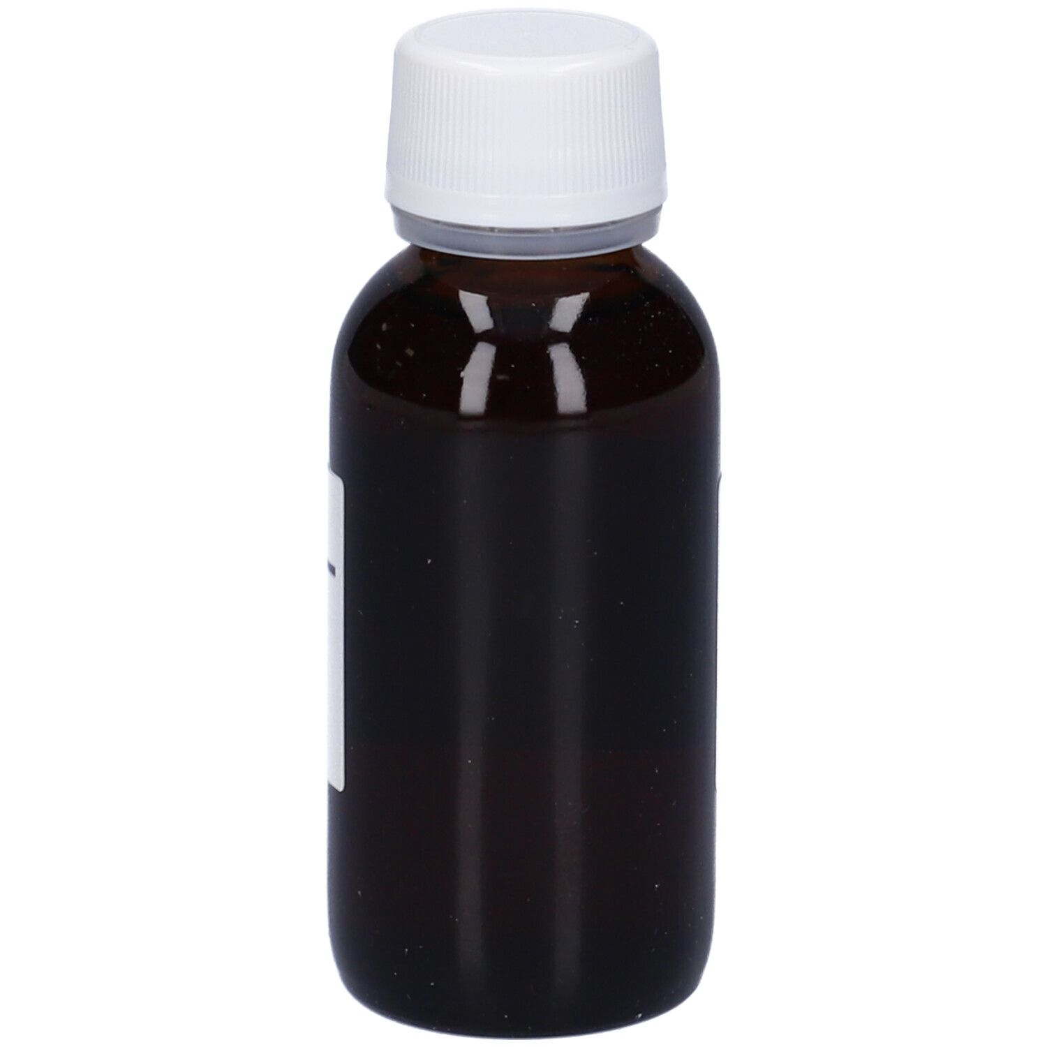 Flacone di vetro marrone con tappo bianco ed etichetta. Scritta illeggibile. Marchio Hering.