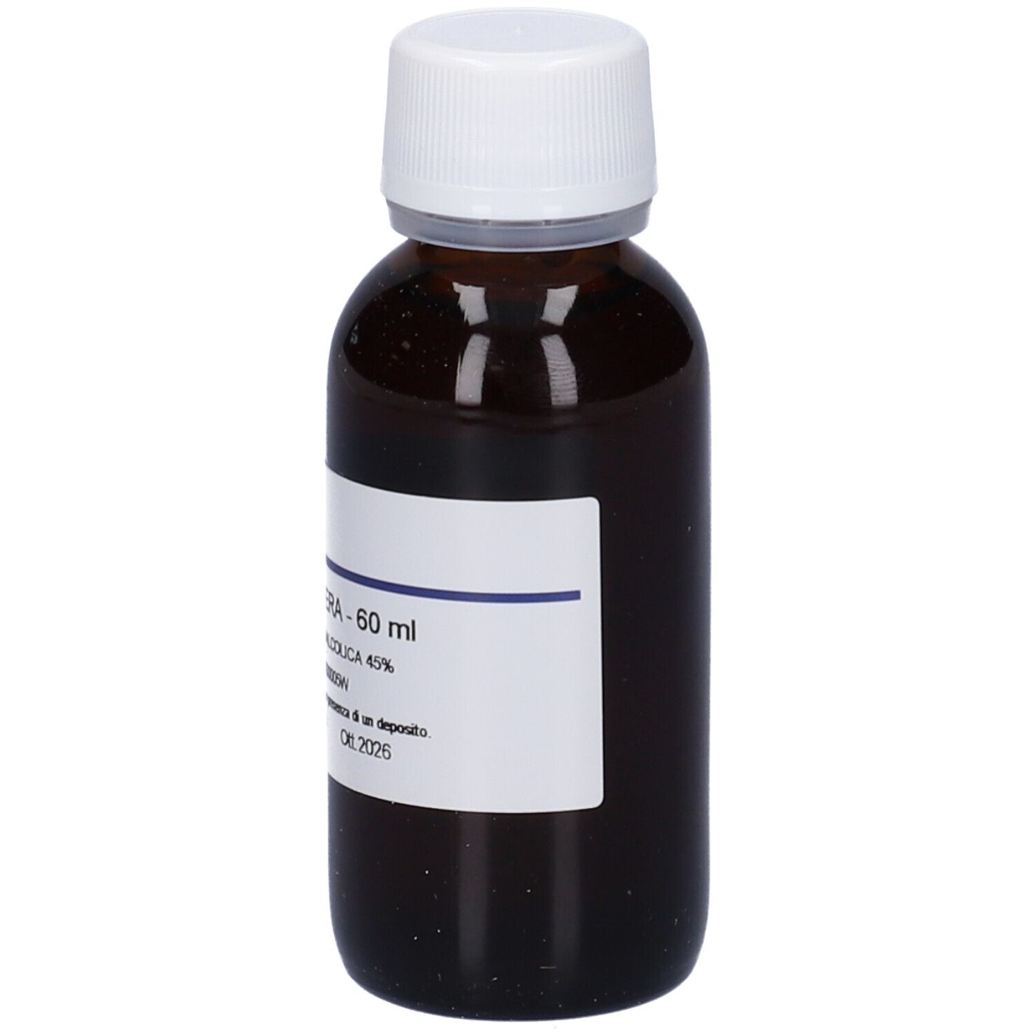 Flacone di vetro marrone con tappo bianco ed etichetta. Scritta: soluzione. Marchio Hering.