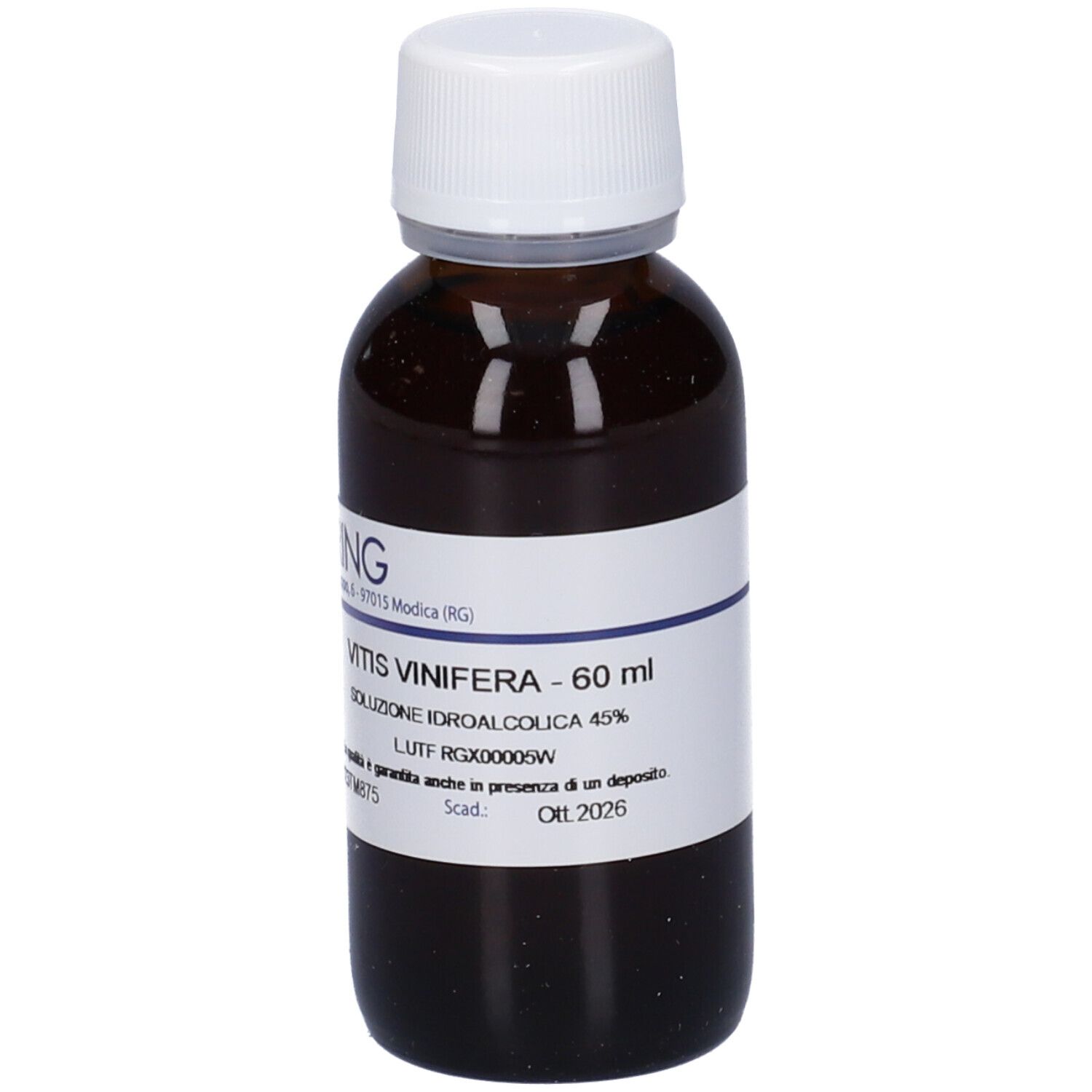 Flacone di vetro marrone con tappo bianco ed etichetta. Scritta: Vitis Vinifera, 60 ml, soluzione. Marchio Hering.