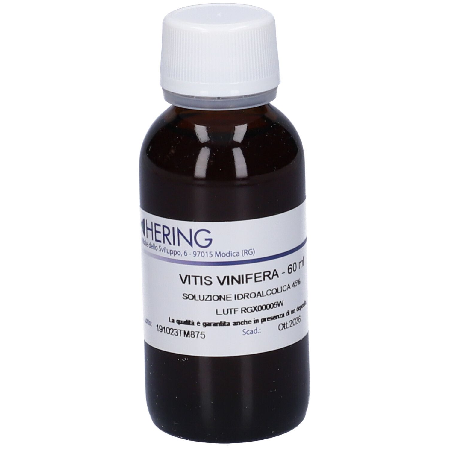 Flacone di vetro marrone con tappo bianco ed etichetta. Scritta: Vitis Vinifera, 60 ml, soluzione. Marchio Hering.