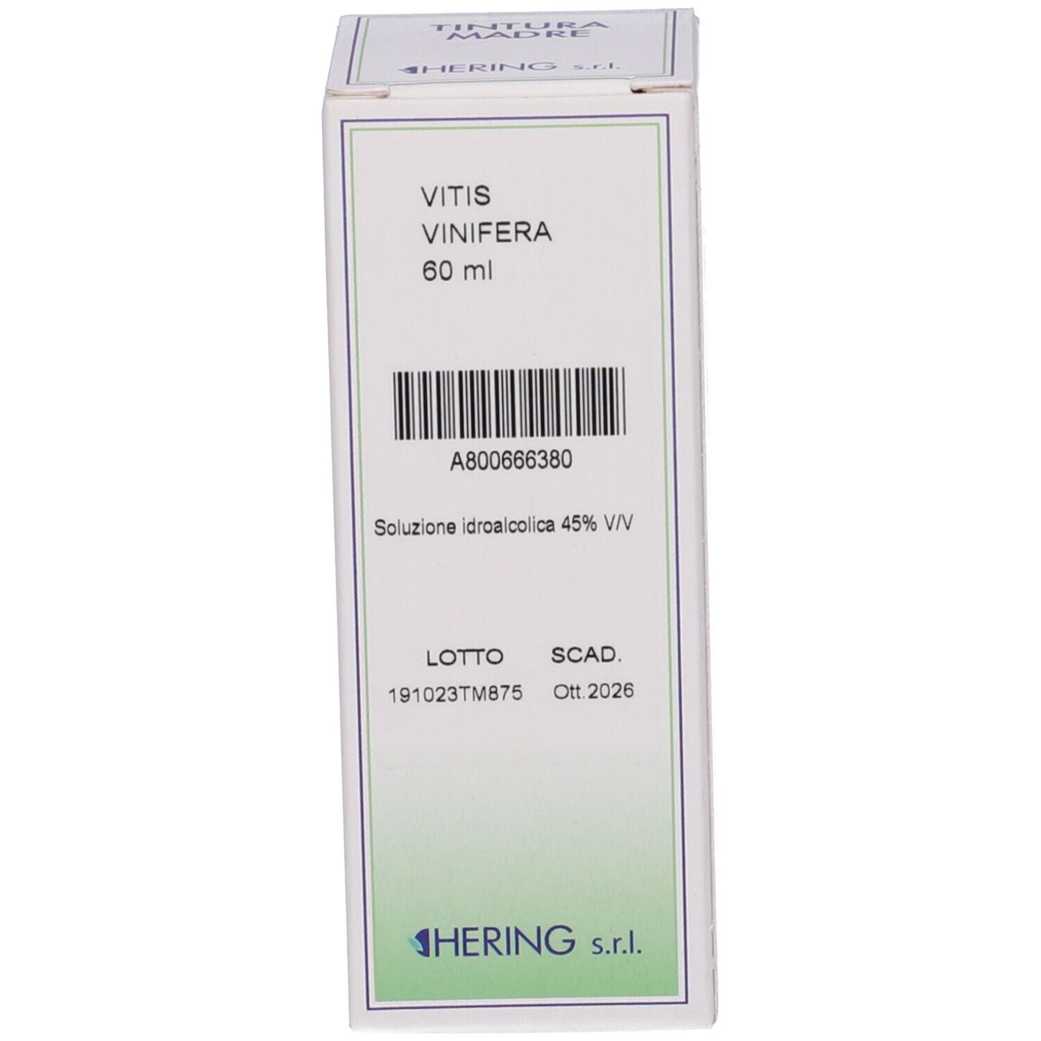 Scatola bianca con scritta: Vitis Vinifera, 60 ml. Marchio Hering.