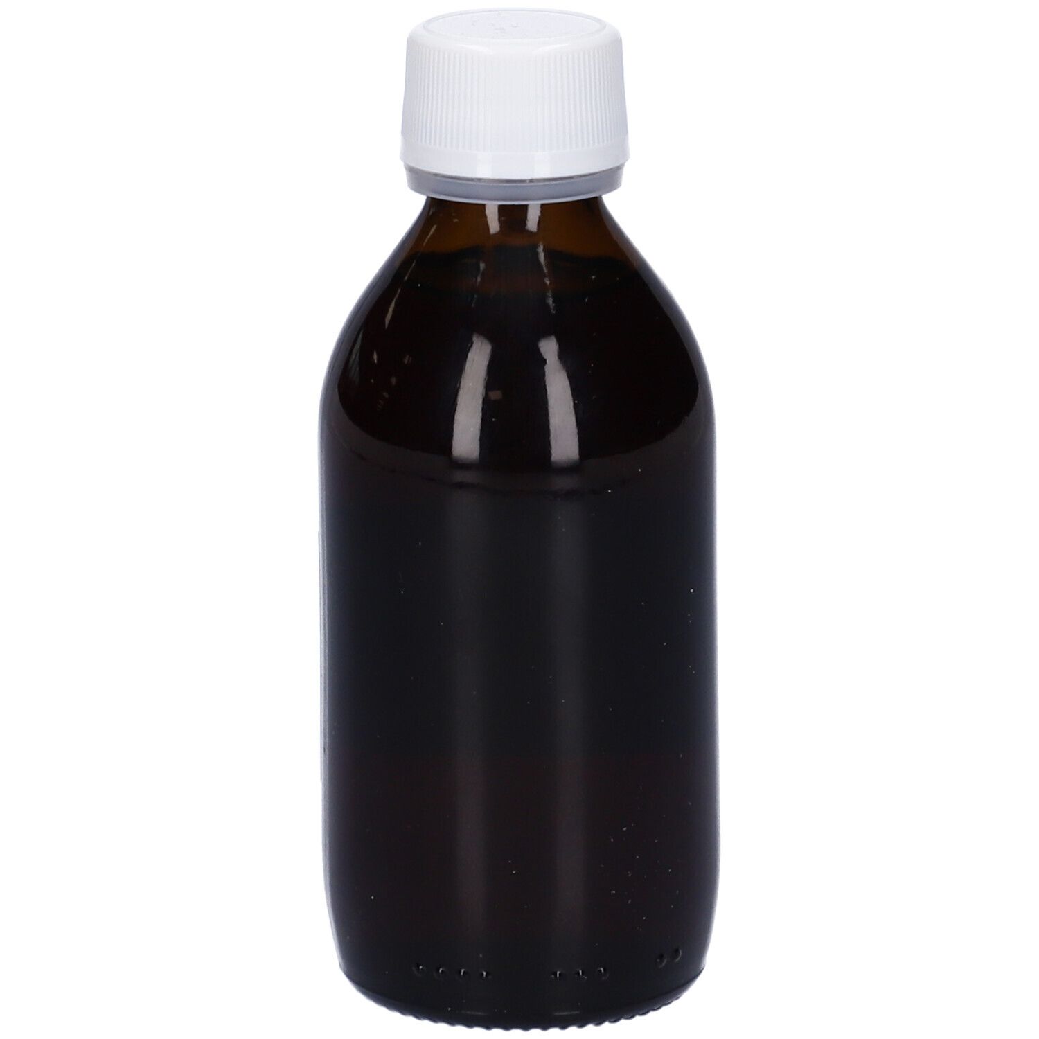 Flacone di vetro marrone con tappo bianco. Nessuna etichetta visibile.