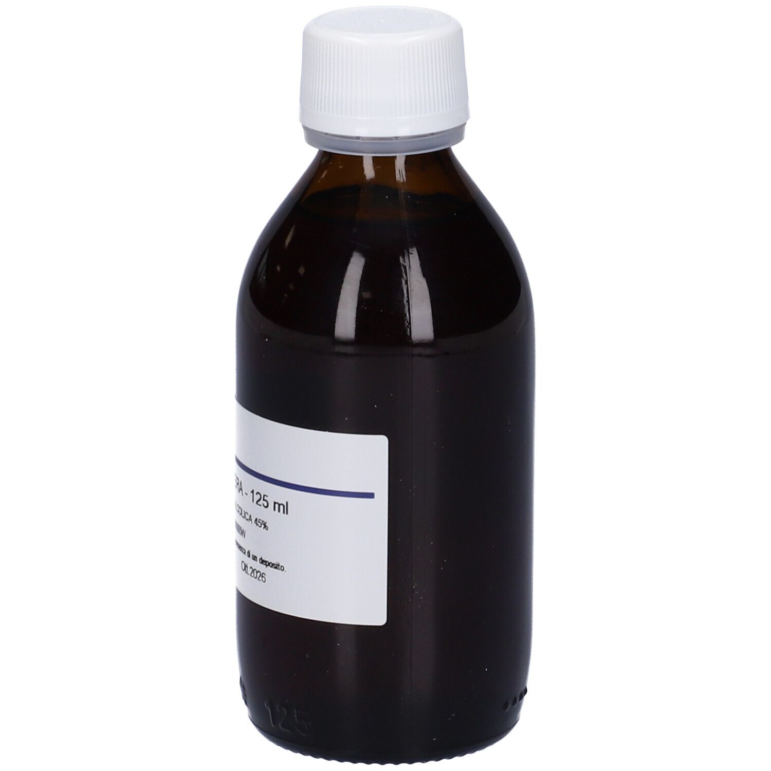 Flacone di vetro marrone con tappo bianco. Etichetta con testo. Marchio: HERING.