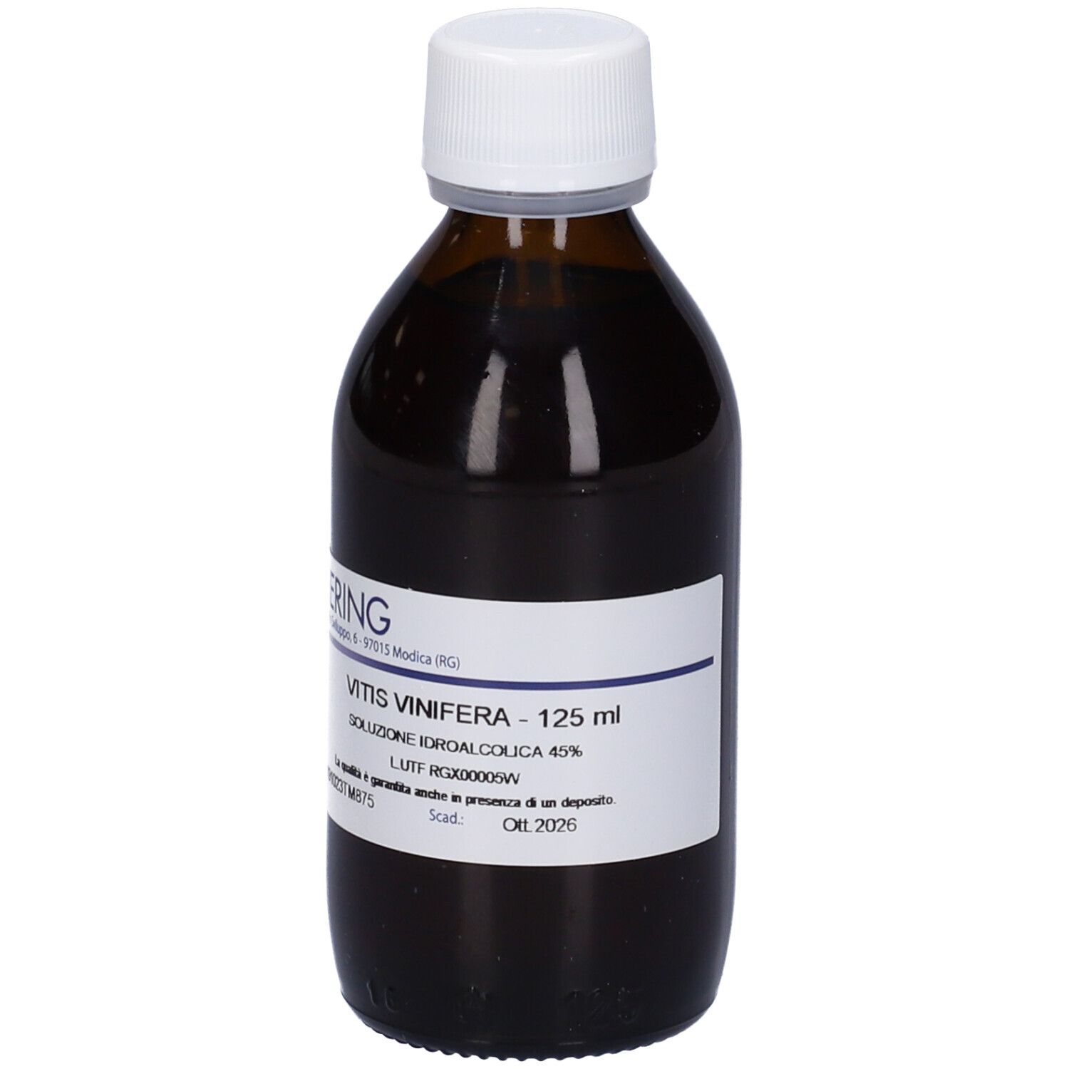 Flacone di vetro marrone con tappo bianco. Etichetta con testo: Vitis Vinifera, 125 ml. Marchio: HERING.