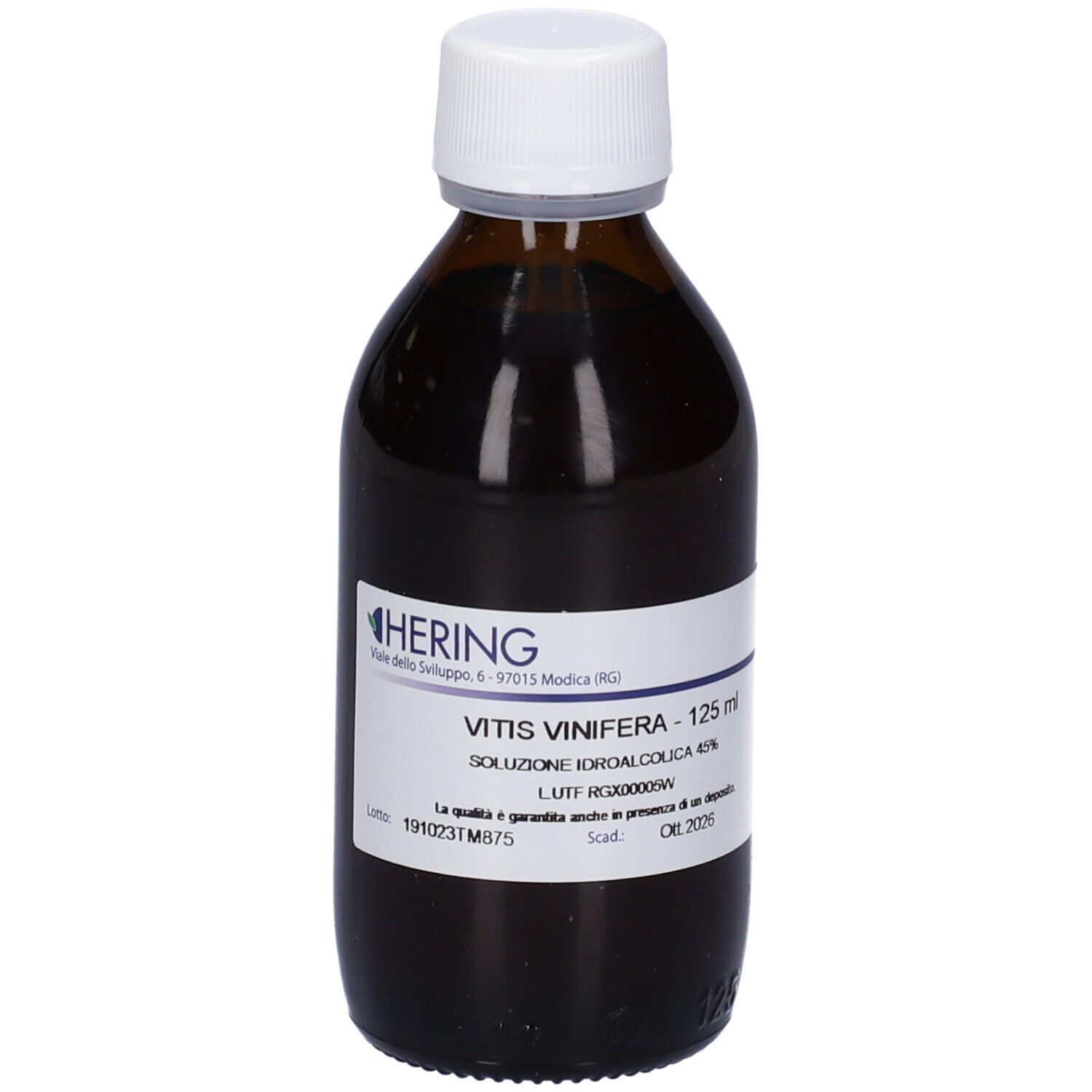 Flacone di vetro marrone con tappo bianco. Etichetta con testo: Vitis Vinifera, 125 ml. Marchio: HERING.