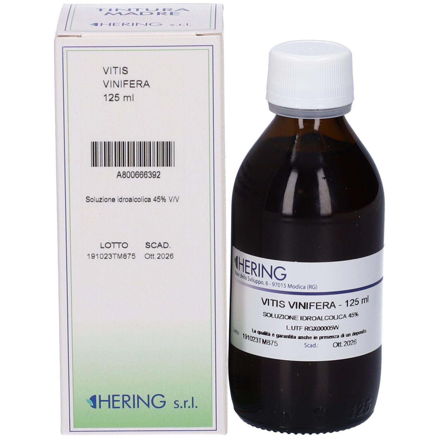 Flacone di vetro marrone e scatola. Flacone: Vitis Vinifera, 125 ml. Scatola: Vitis Vinifera, 125 ml. Marchio: HERING.