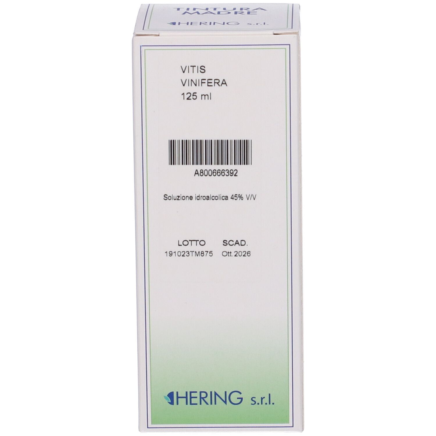Scatola con testo: Vitis Vinifera, 125 ml. Marchio: HERING.