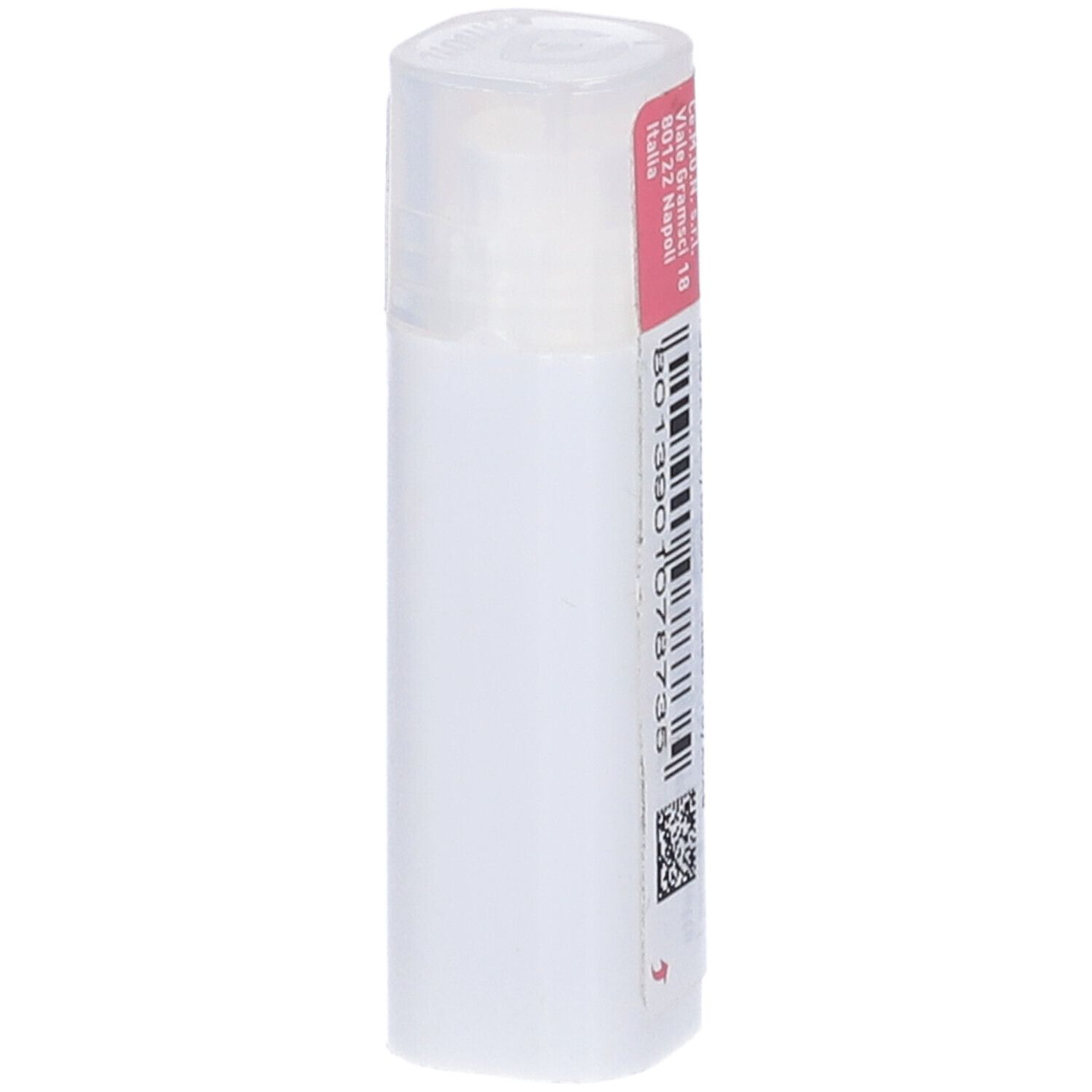 Confezione cilindrica bianca con etichetta rosa. Testo e codice a barre. Coperchio bianco.