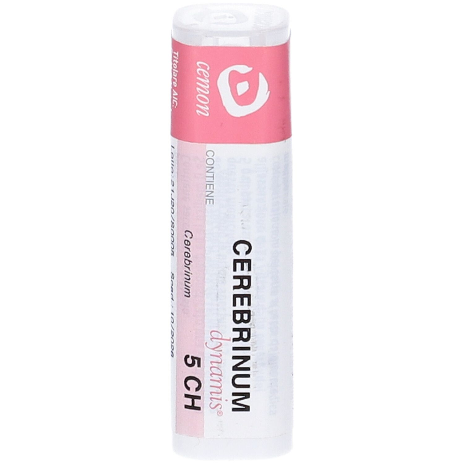 Confezione cilindrica con etichetta rosa. Testo: Cemon Cerebrinum 5 CH Granuli. Coperchio bianco.