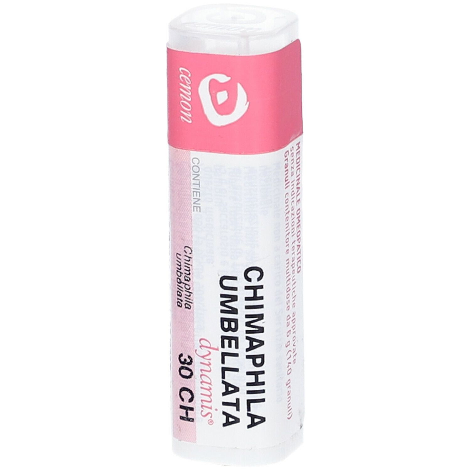 Confezione cilindrica con etichetta rosa. Scritte: Chimaphila Umbellata 30 CH, dynamis. Coperchio bianco.