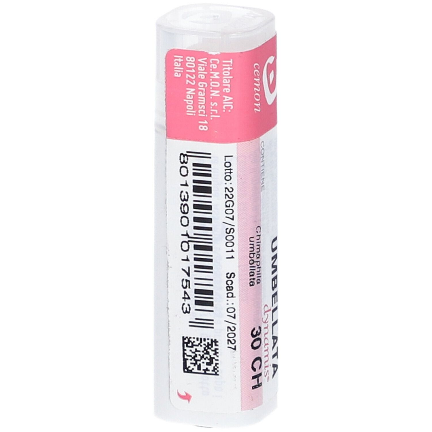 Confezione cilindrica con etichetta rosa. Scritte: Chimaphila Umbellata 30 CH, dynamis. Codice a barre e testo.