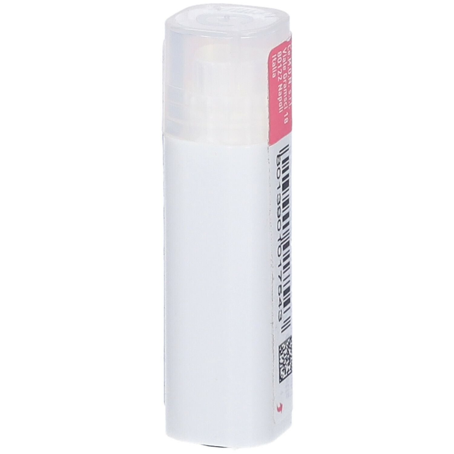 Confezione cilindrica, parzialmente con etichetta rosa. Testo e codice a barre. Coperchio bianco.