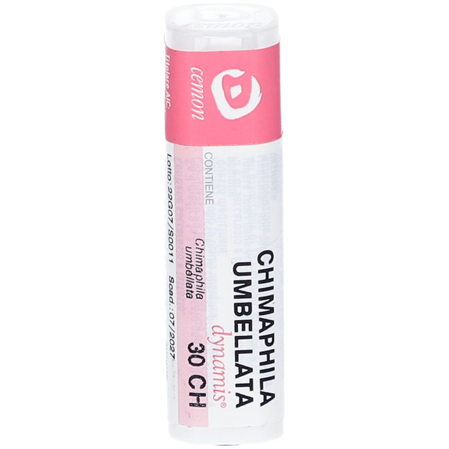 Confezione cilindrica con etichetta rosa. Scritte: Chimaphila Umbellata 30 CH, dynamis. Coperchio bianco.
