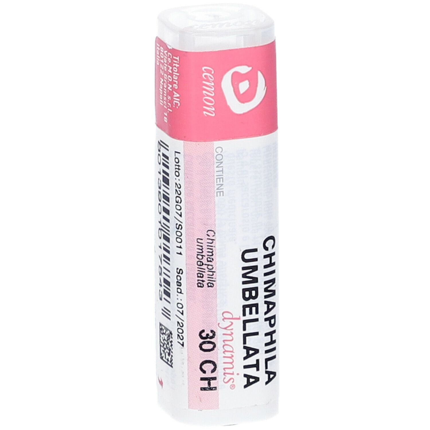 Confezione cilindrica con etichetta rosa. Scritte: Chimaphila Umbellata 30 CH, dynamis. Codice a barre e testo.