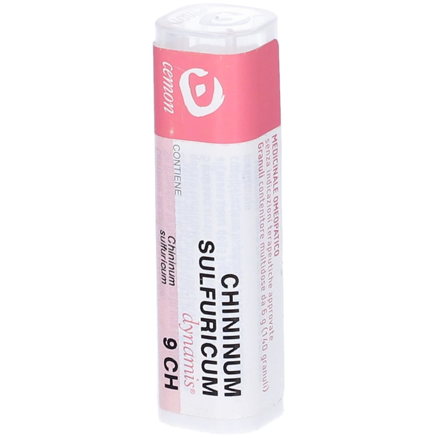 Flacone cilindrico bianco con etichetta rosa.  "Chininum Sulfuricum 9 CH" e "dynamis" sono visibili.
