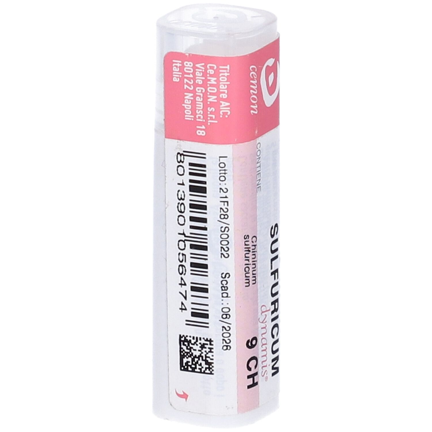 Flacone cilindrico bianco con etichetta rosa.  "Chininum Sulfuricum 9 CH" e "dynamis" sono visibili.