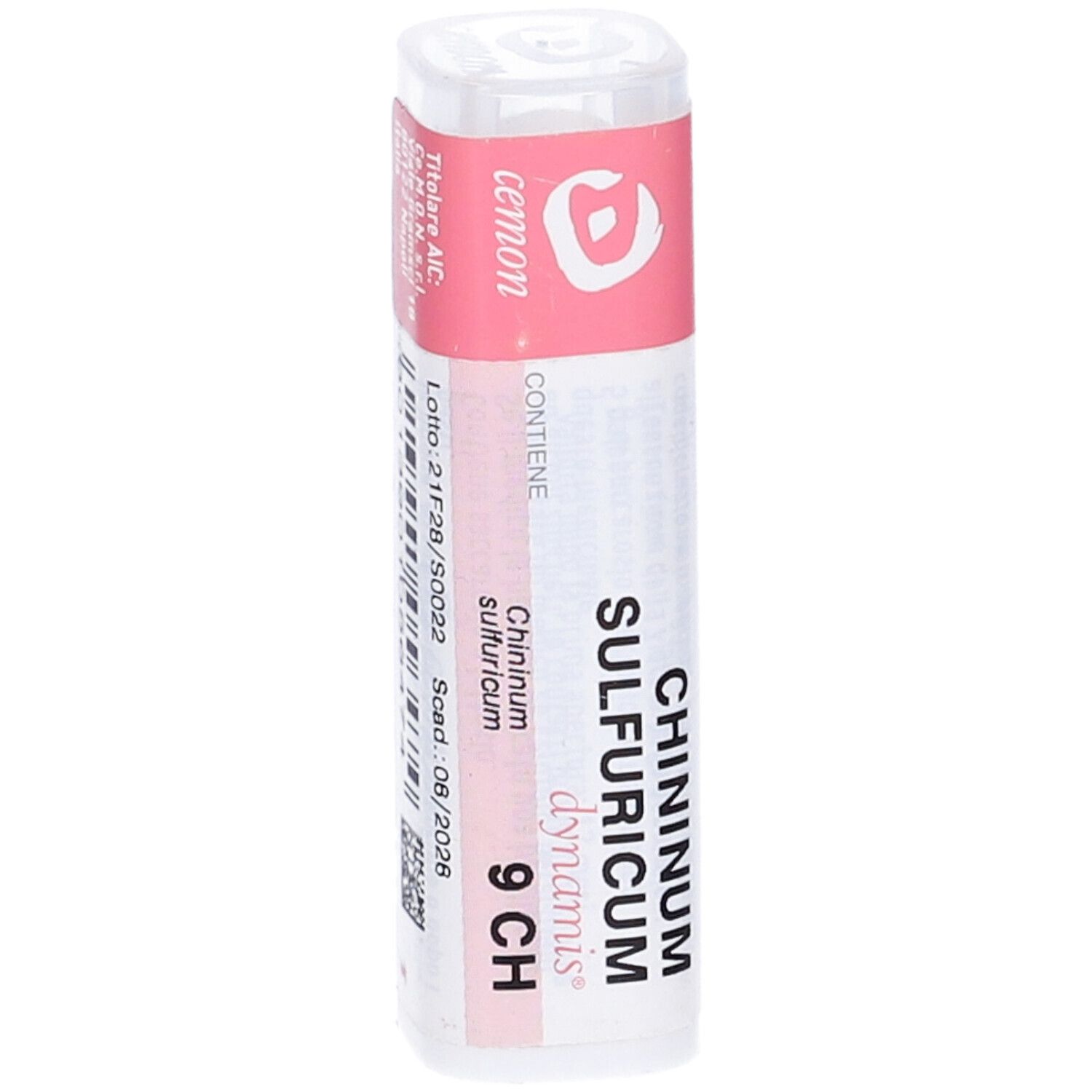 Flacone cilindrico bianco con etichetta rosa.  "Chininum Sulfuricum 9 CH" e "dynamis" sono visibili.